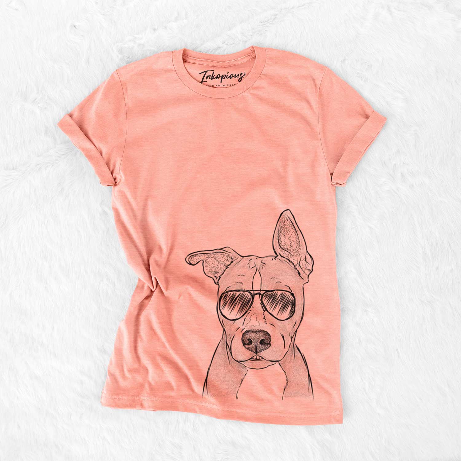 Hand-drawn sketch of Kisses the Pitbull wearing aviator sunglasses on a Sunset Bella Canvas Unisex Crewneck