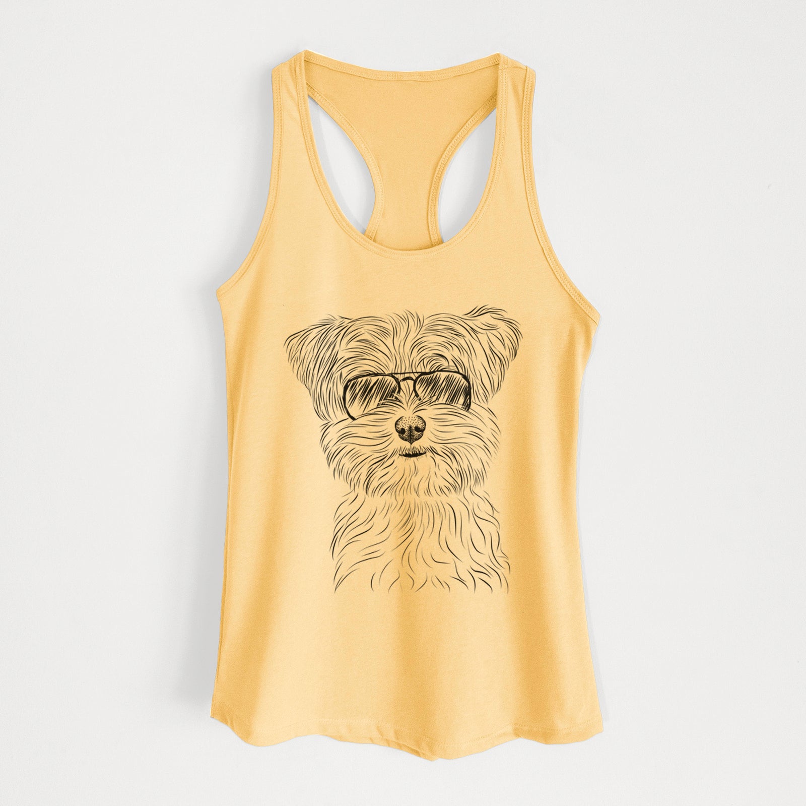 Hand-drawn sketch of Kiwi the Morkie wearing aviator sunglasses on a Banana Cream Women's racerback tanktop