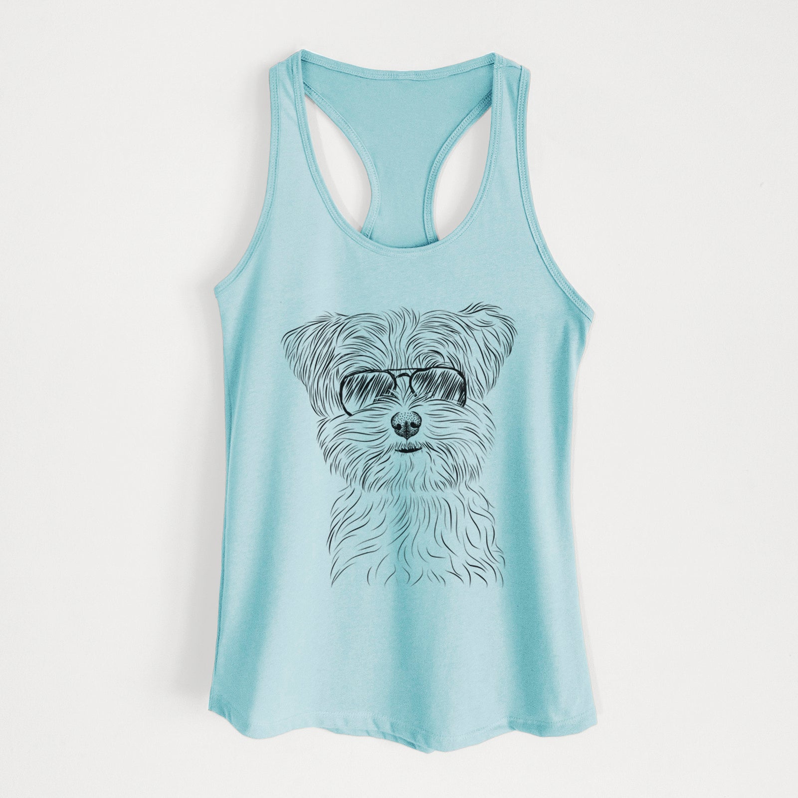 Hand-drawn sketch of Kiwi the Morkie wearing aviator sunglasses on a Cancun Blue Women's racerback tanktop