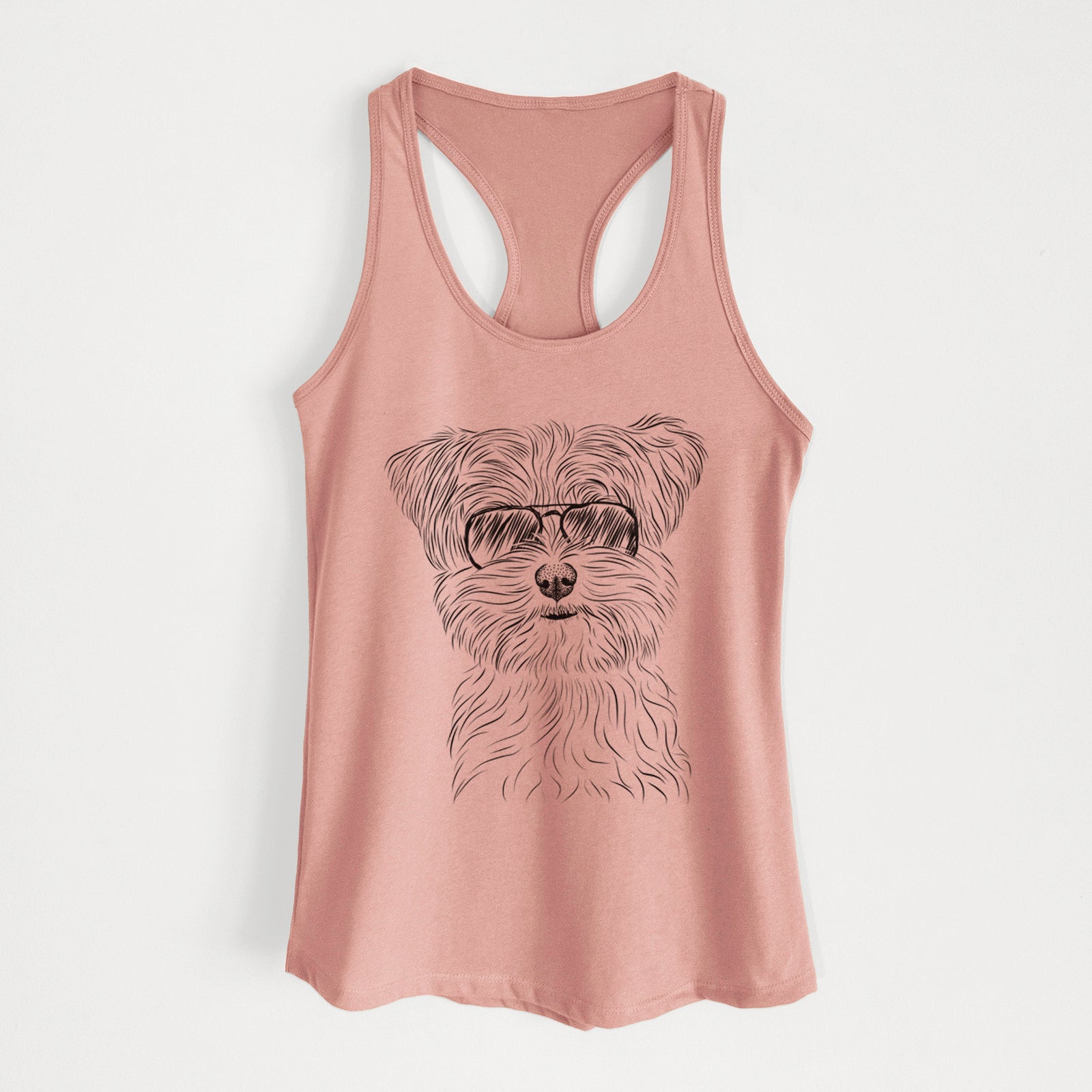 Hand-drawn sketch of Kiwi the Morkie wearing aviator sunglasses on a Desert Pink Women's racerback tanktop