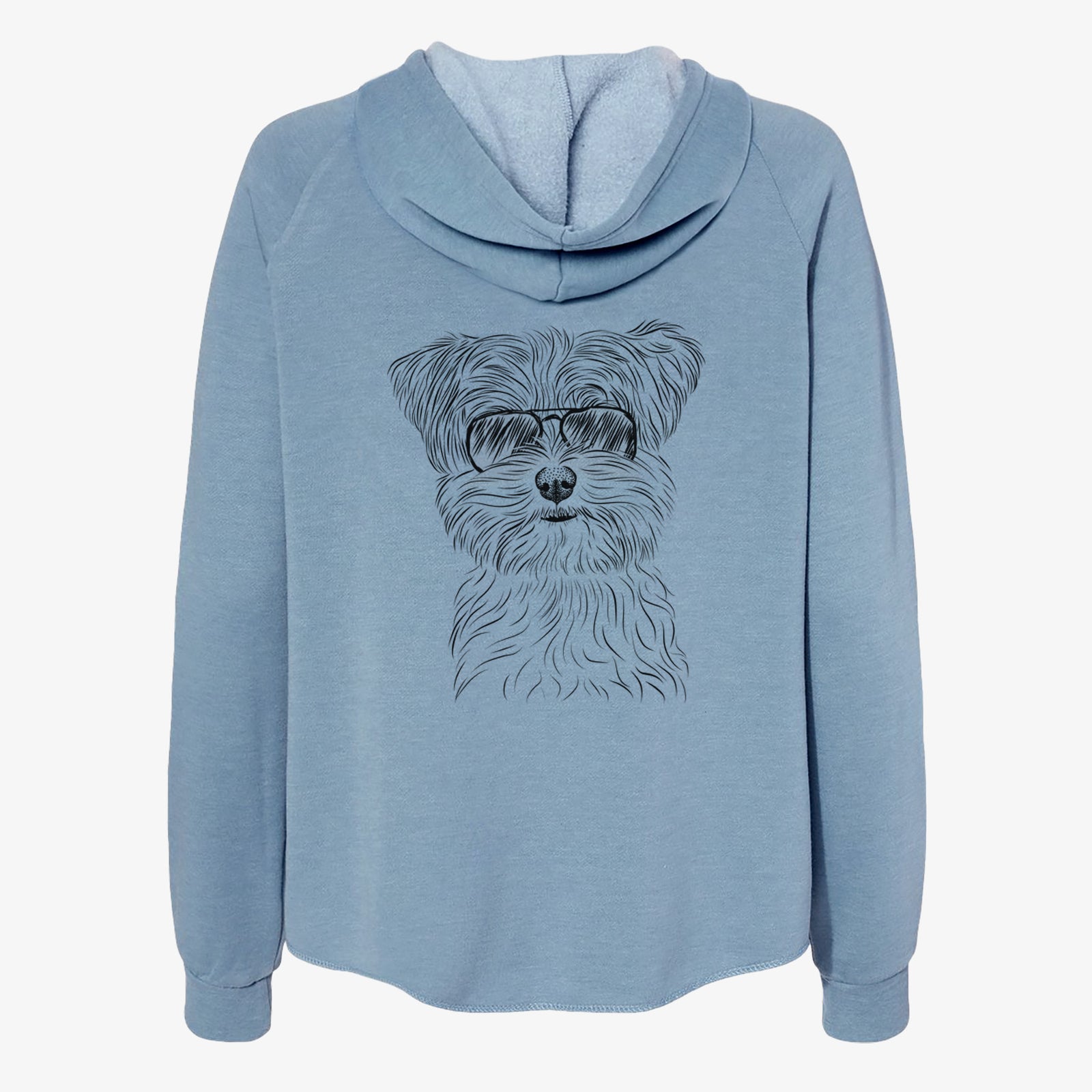 Hand-drawn sketch of Kiwi the Morkie wearing aviator sunglasses on a Misty Blue Women's cali wave zip-up sweatshirt