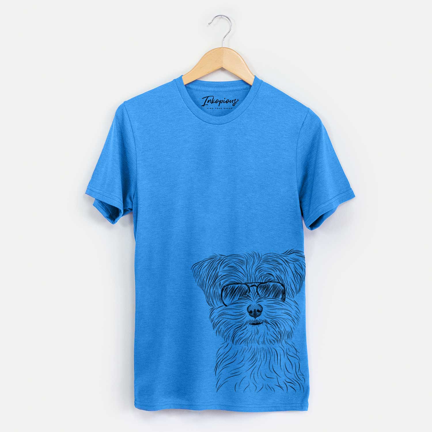 Hand-drawn sketch of Kiwi the Morkie wearing aviator sunglasses on a Blue Unisex crewneck
