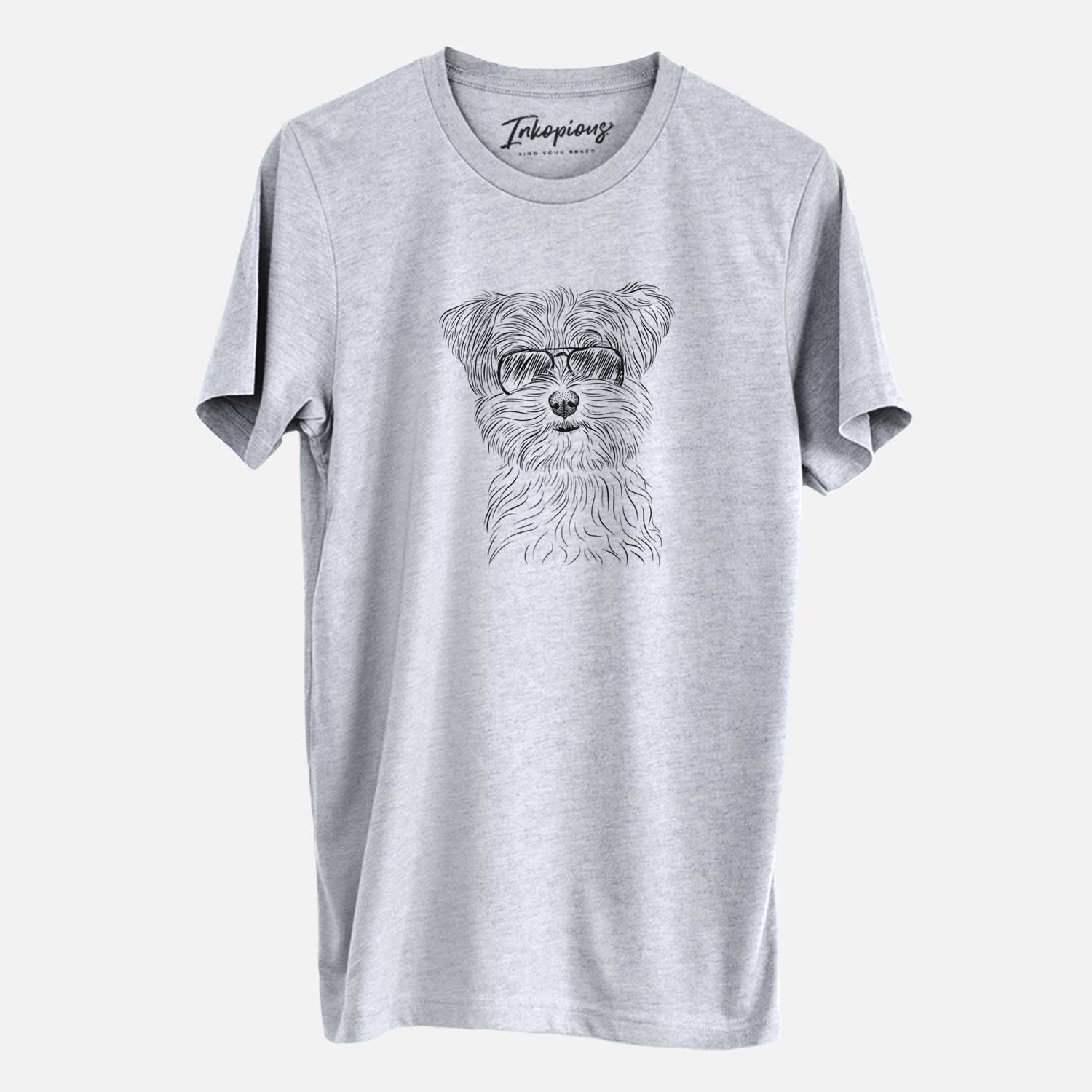 Hand-drawn sketch of Kiwi the Morkie wearing aviator sunglasses on a Grey Unisex crewneck