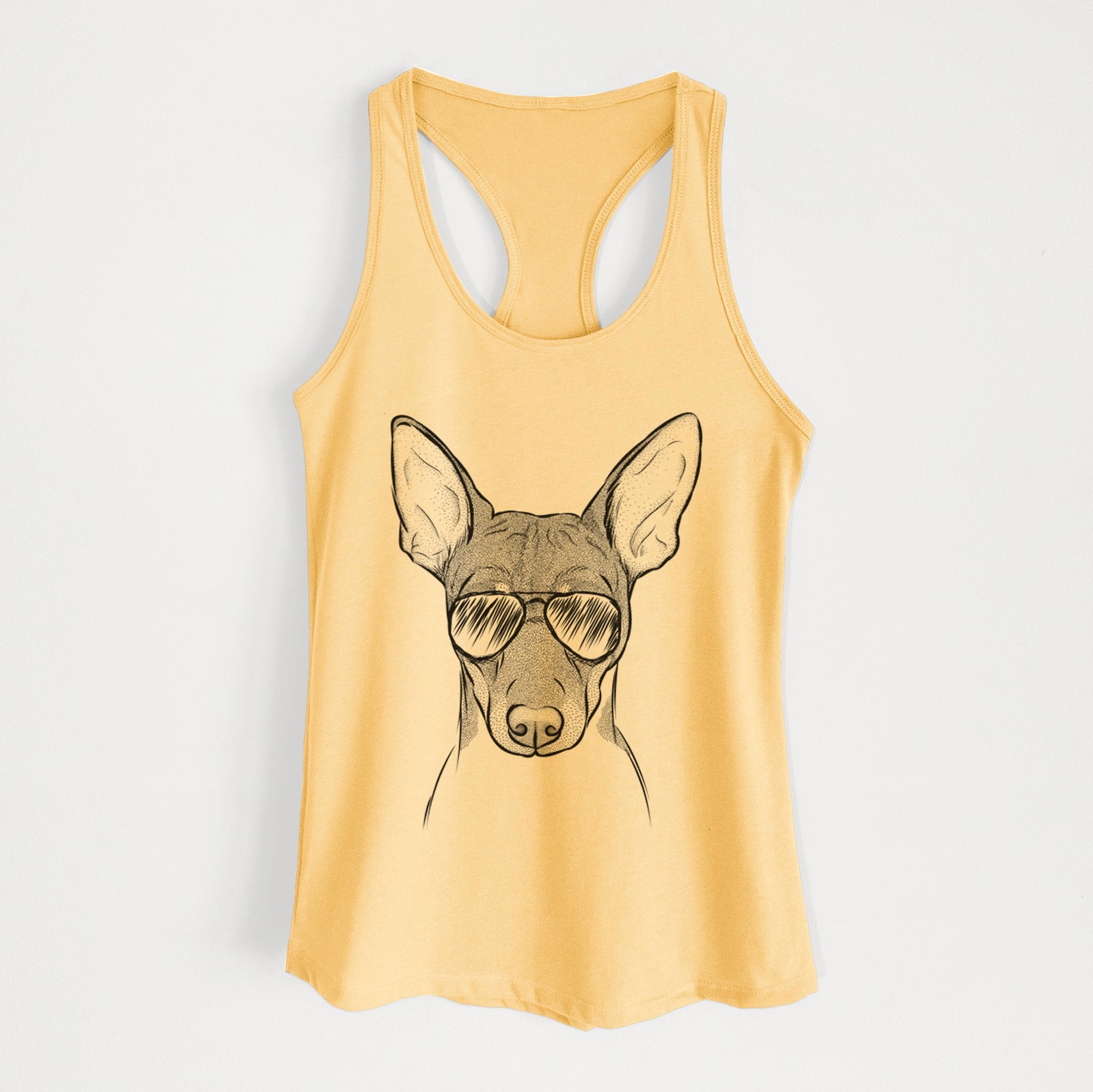 Hand-drawn sketch of Knox the Rat Terrier wearing aviator sunglasses on a Banana Cream Women's racerback tanktop