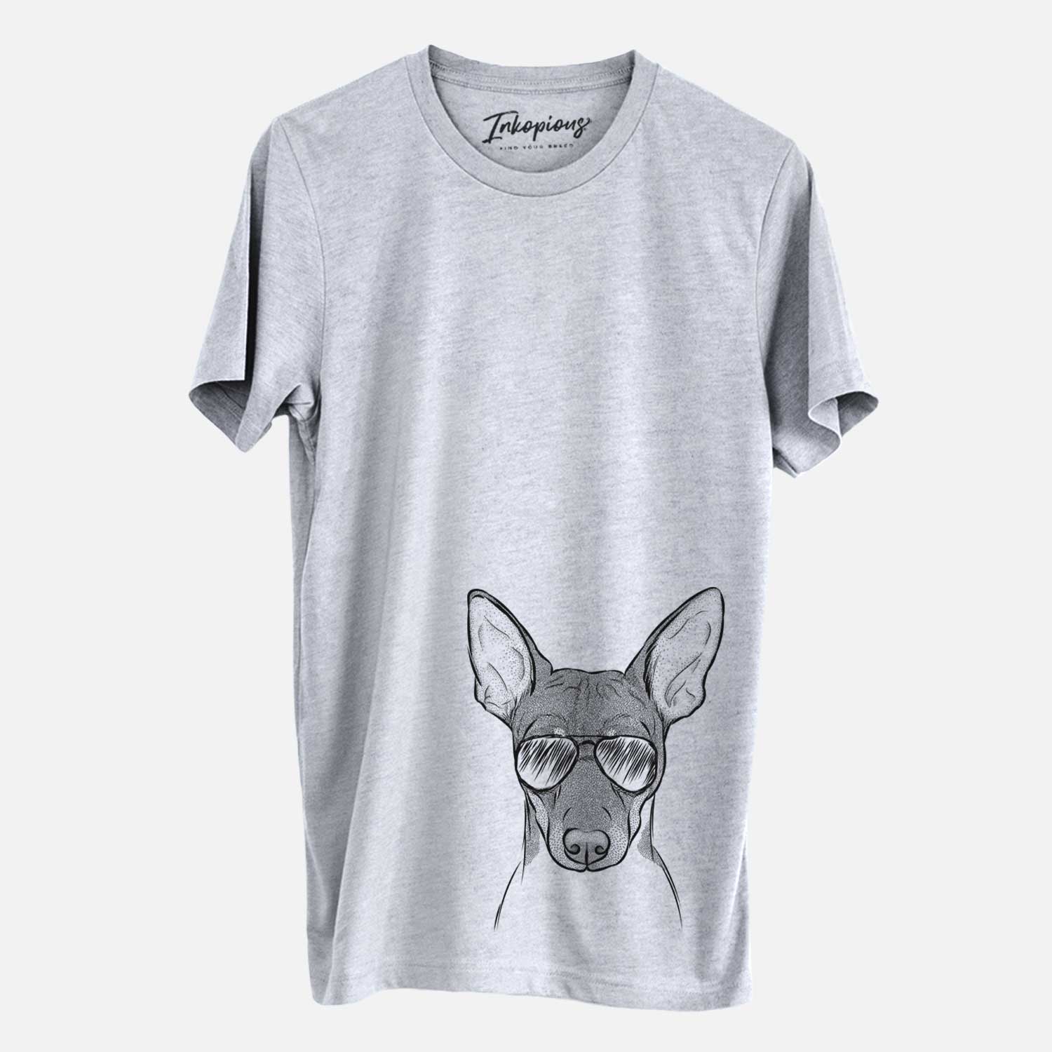Hand-drawn sketch of Knox the Rat Terrier wearing aviator sunglasses on a Grey Unisex crewneck