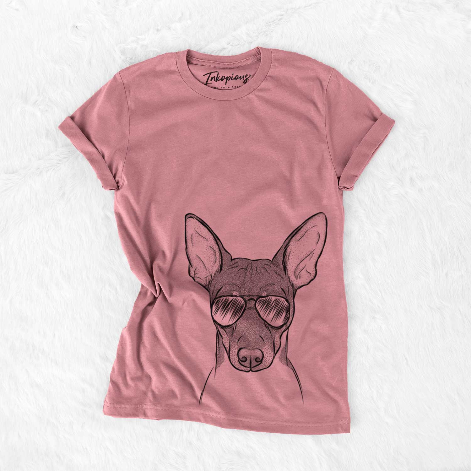 Hand-drawn sketch of Knox the Rat Terrier wearing aviator sunglasses on a Mauve Unisex crewneck