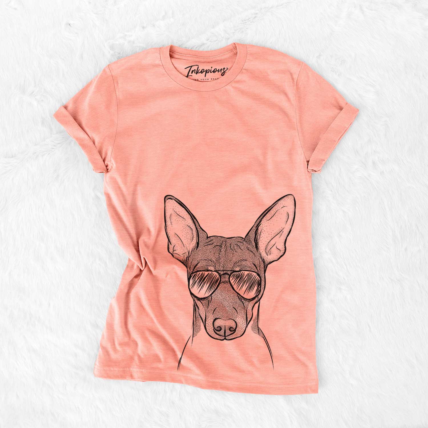 Hand-drawn sketch of Knox the Rat Terrier wearing aviator sunglasses on a Sunset Bella Canvas Unisex Crewneck