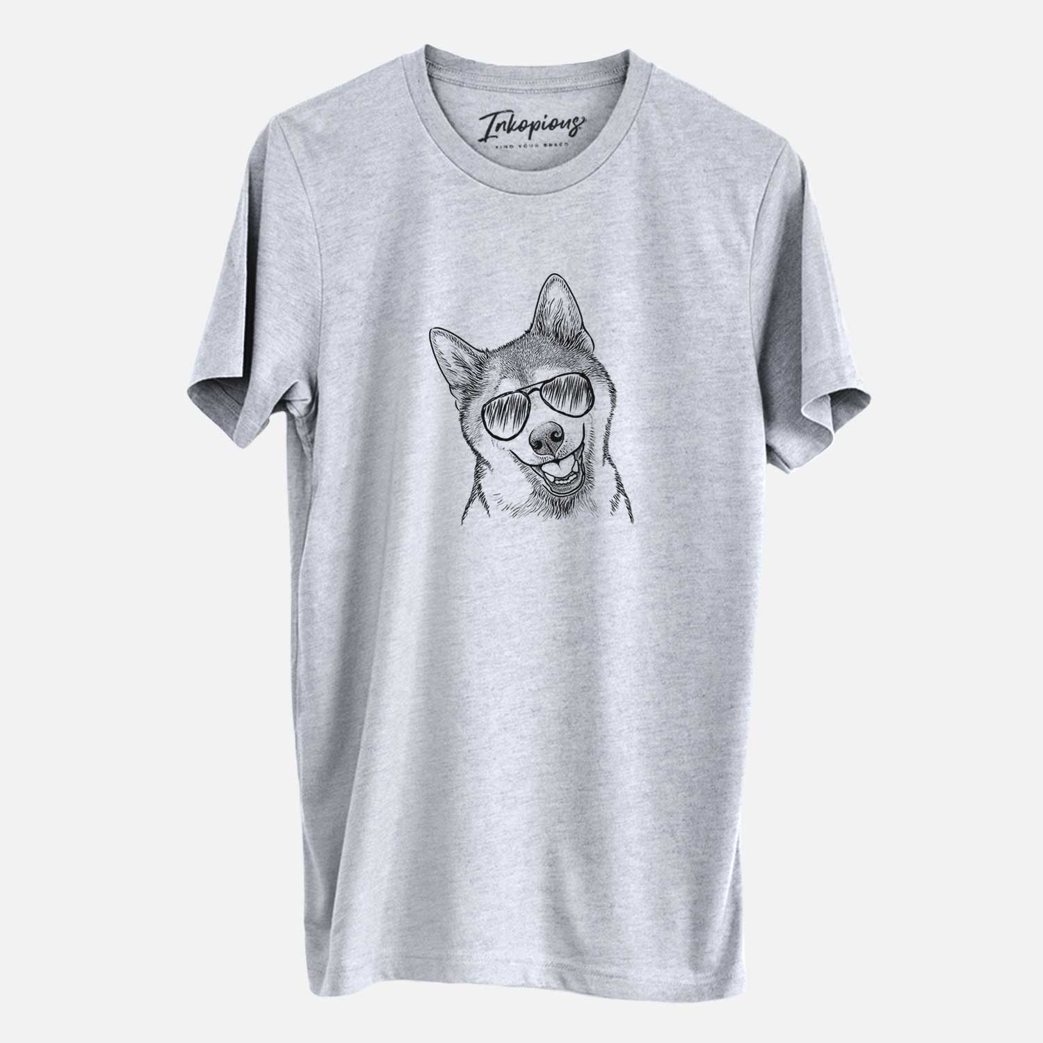 Hand-drawn sketch of Koby the Shiba Inu wearing aviator sunglasses on a Grey Unisex crewneck