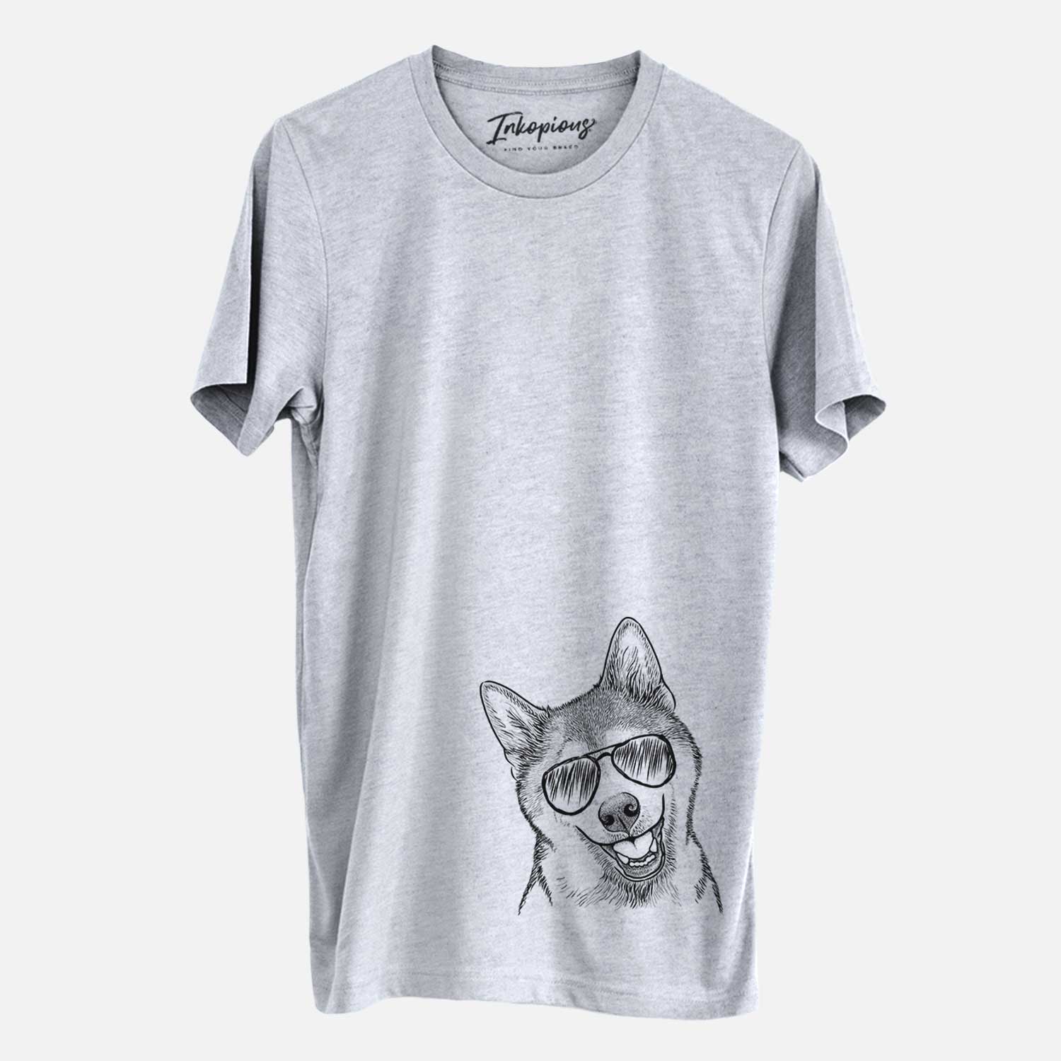 Hand-drawn sketch of Koby the Shiba Inu wearing aviator sunglasses on a Grey Unisex crewneck