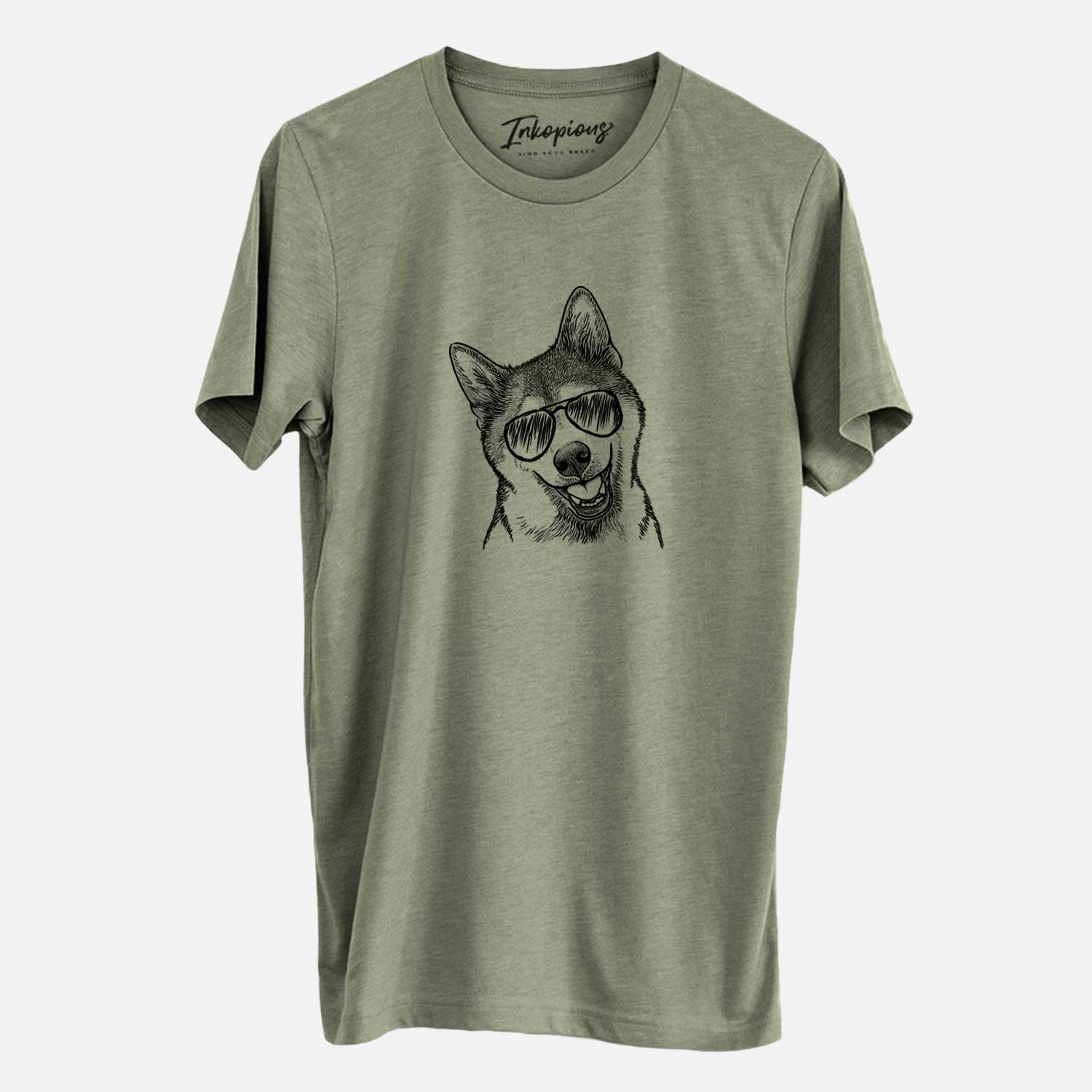 Hand-drawn sketch of Koby the Shiba Inu wearing aviator sunglasses on an Olive Unisex crewneck