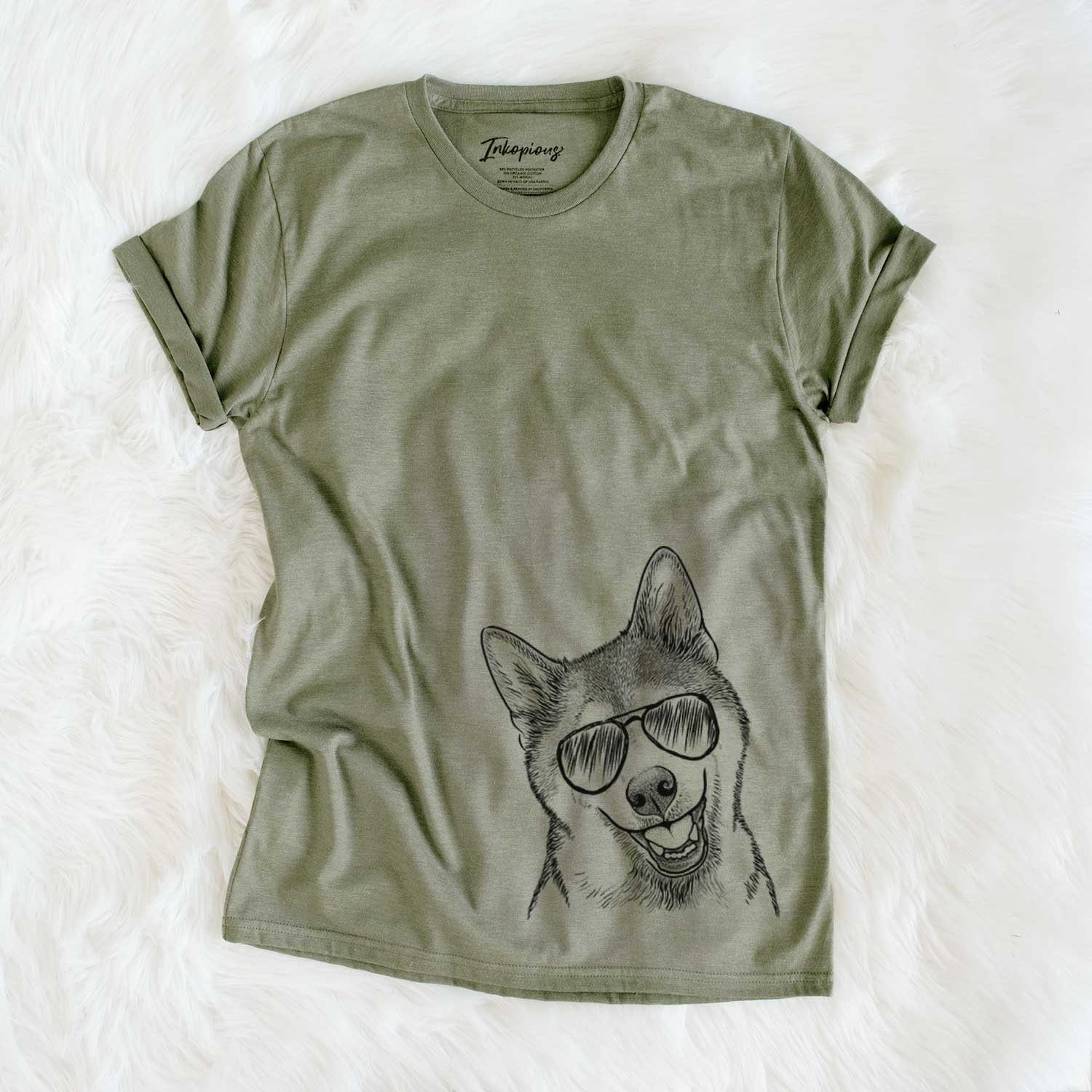 Hand-drawn sketch of Koby the Shiba Inu wearing aviator sunglasses on an Olive Unisex crewneck