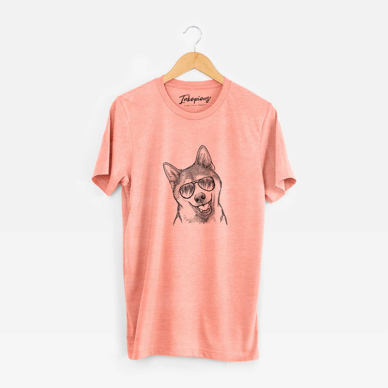 Hand-drawn sketch of Koby the Shiba Inu wearing aviator sunglasses on a Sunset Unisex crewneck