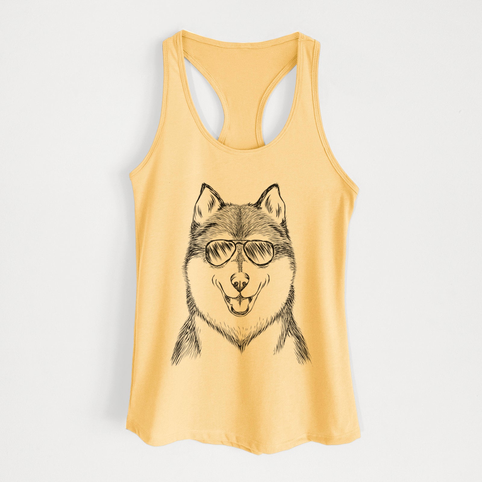 Hand-drawn sketch of Koda the Siberian Husky wearing aviator sunglasses on a Banana Cream Women's racerback tanktop