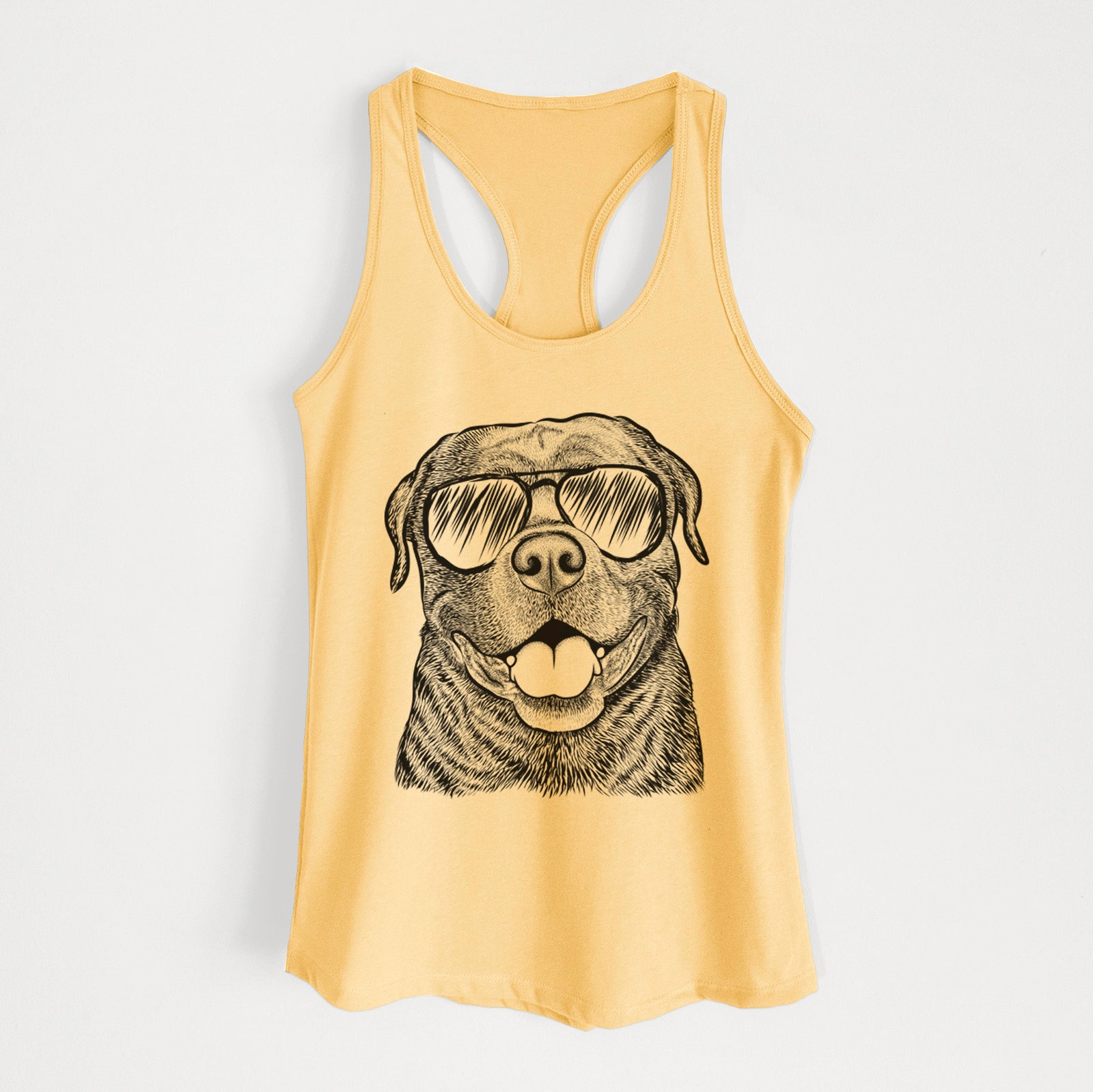 Hand-drawn sketch of Kojak the Rottweiler wearing aviator sunglasses on a Banana Cream Women's racerback tanktop