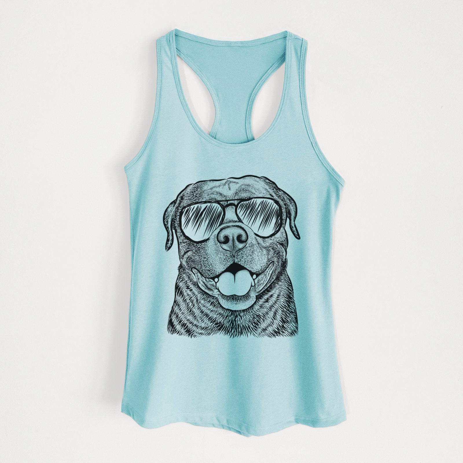 Hand-drawn sketch of Kojak the Rottweiler wearing aviator sunglasses on a Cancun Blue Women's racerback tanktop