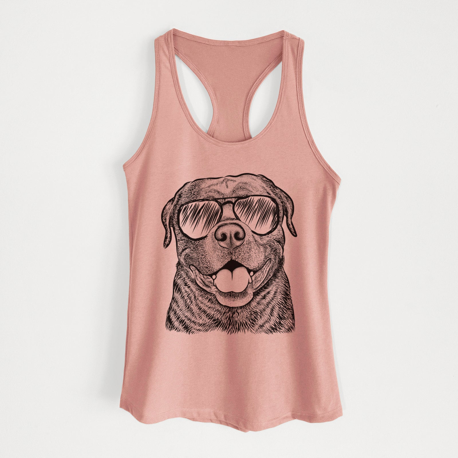 Hand-drawn sketch of Kojak the Rottweiler wearing aviator sunglasses on a Desert Pink Women's racerback tanktop
