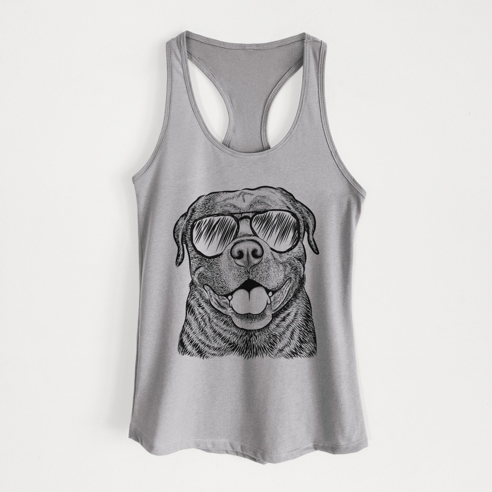 Hand-drawn sketch of Kojak the Rottweiler wearing aviator sunglasses on a Heather Grey Women's racerback tanktop