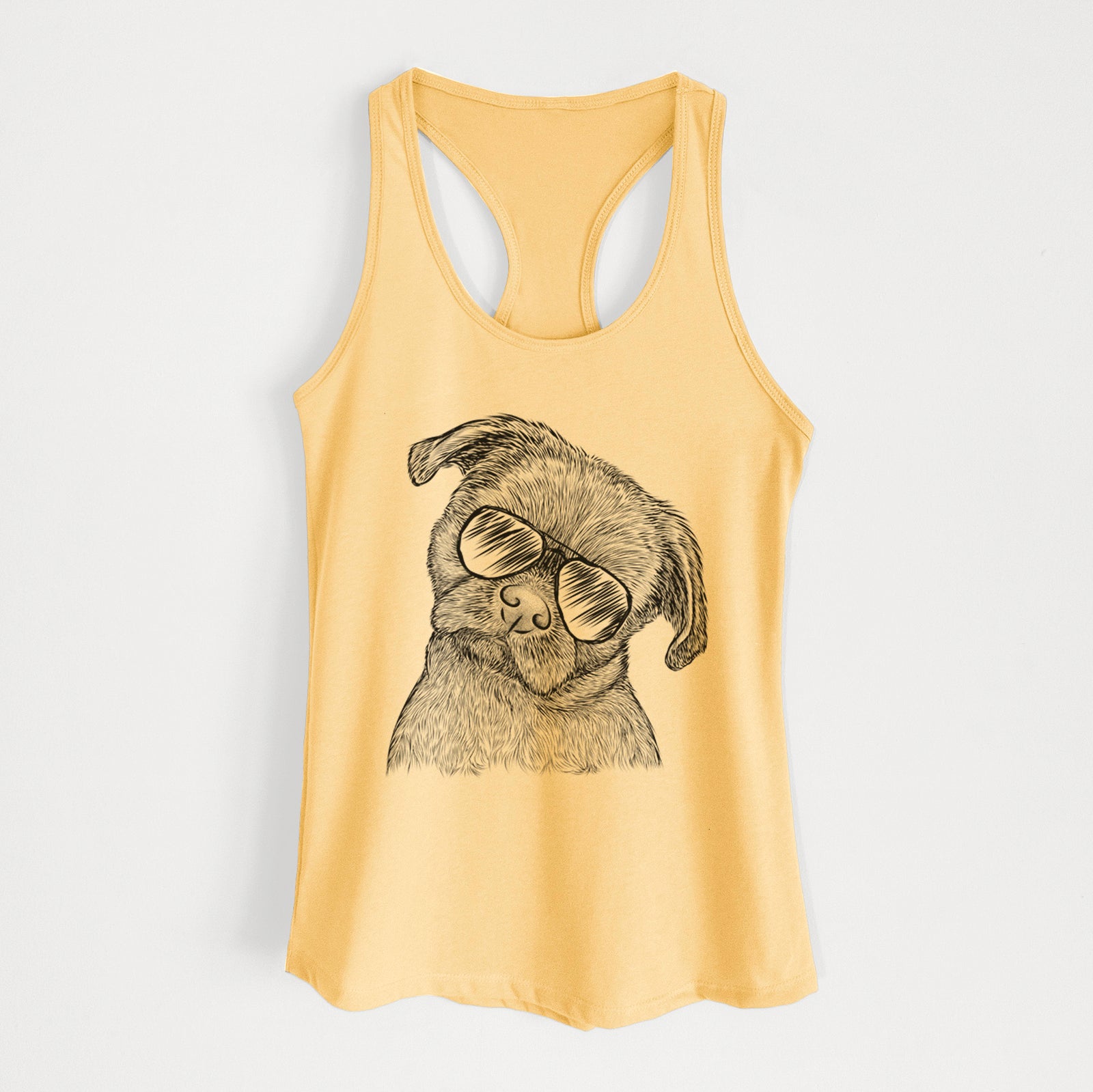 Hand-drawn sketch of Koko the Shih Tzu wearing aviator sunglasses on a Banana Cream Women's racerback tanktop