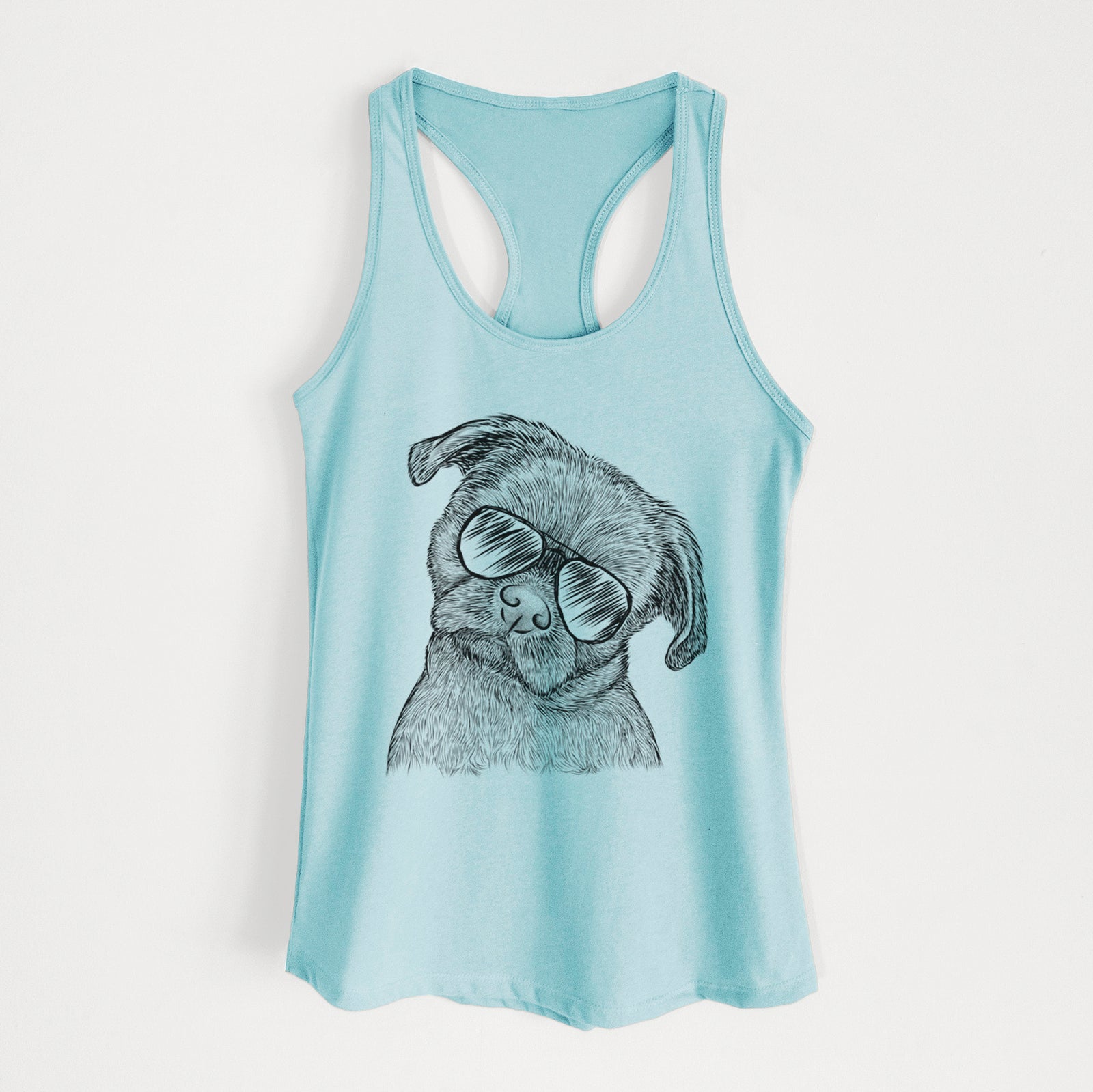 Hand-drawn sketch of Koko the Shih Tzu wearing aviator sunglasses on a Cancun Blue Women's racerback tanktop
