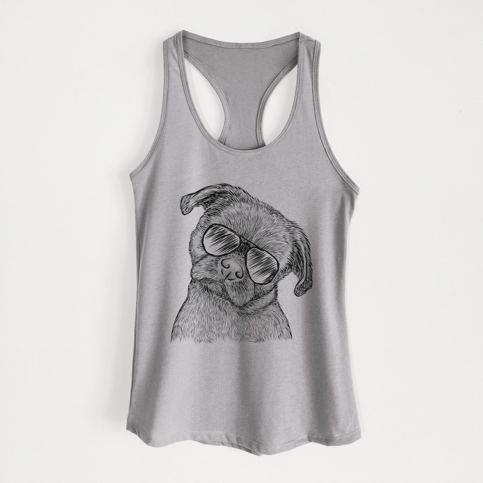 Hand-drawn sketch of Koko the Shih Tzu wearing aviator sunglasses on a Heather Grey Women's racerback tanktop