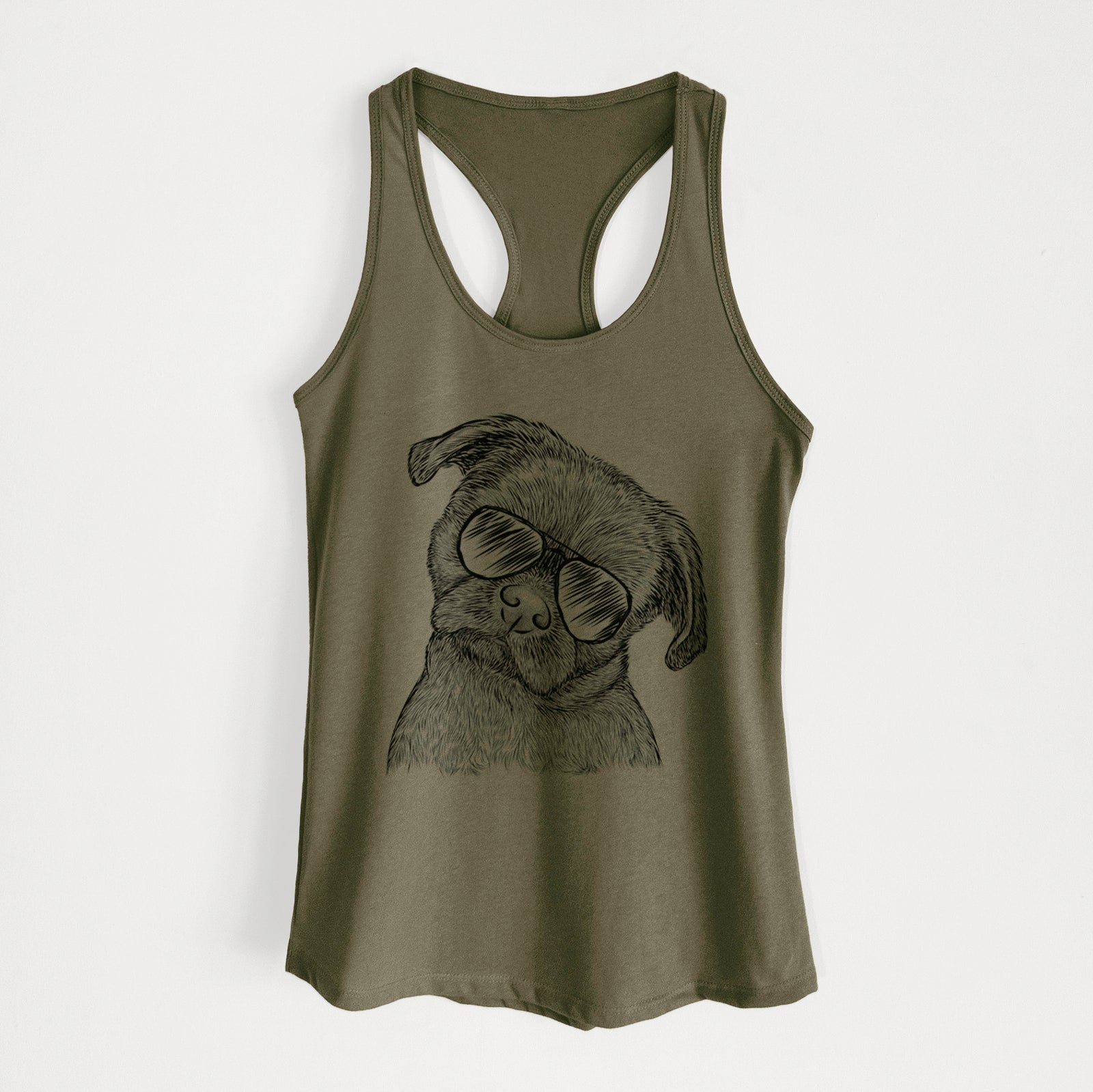 Hand-drawn sketch of Koko the Shih Tzu wearing aviator sunglasses on a Military Green Women's racerback tanktop