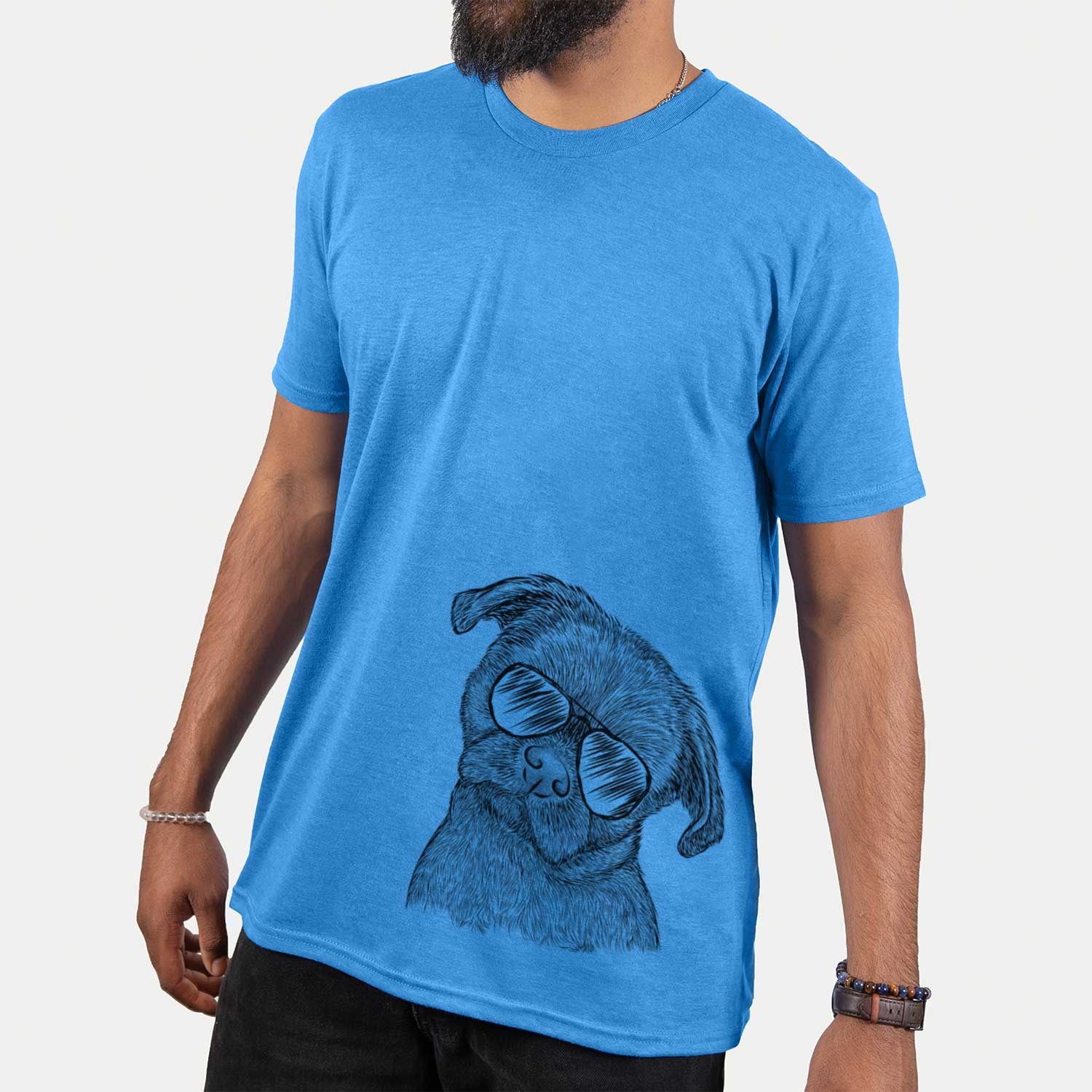 Hand-drawn sketch of Koko the Shih Tzu wearing aviator sunglasses on a Blue Unisex crewneck