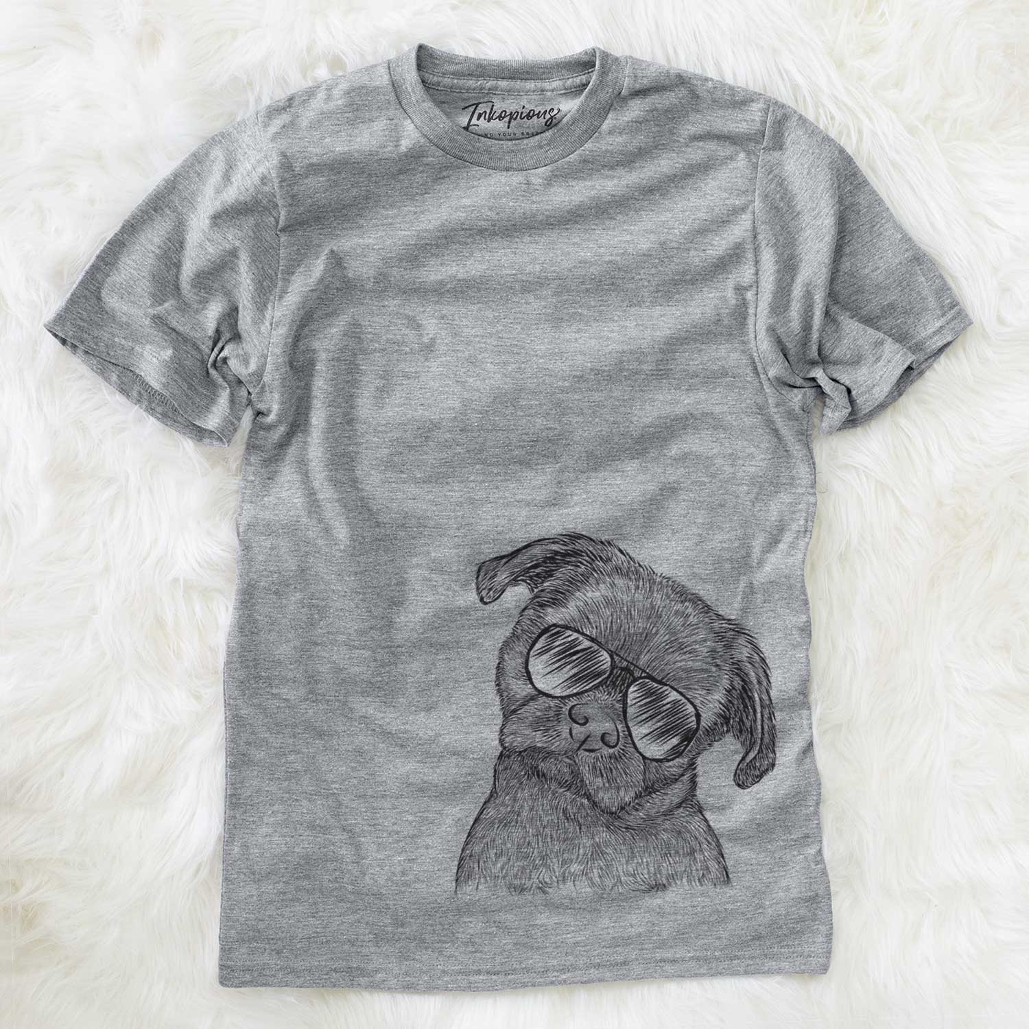 Hand-drawn sketch of Koko the Shih Tzu wearing aviator sunglasses on a Grey Unisex crewneck