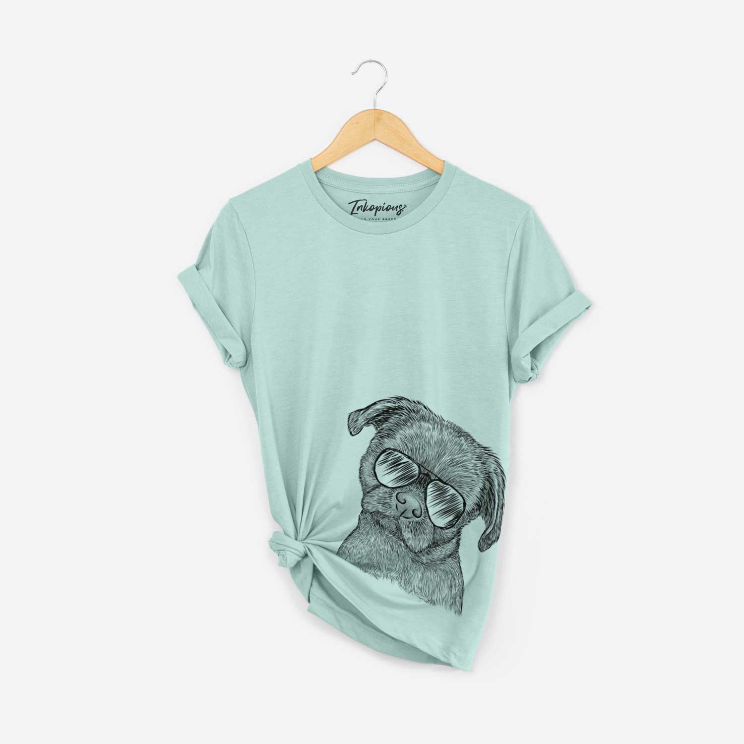 Hand-drawn sketch of Koko the Shih Tzu wearing aviator sunglasses on a Heather Sage Bella Canvas Unisex Crewneck