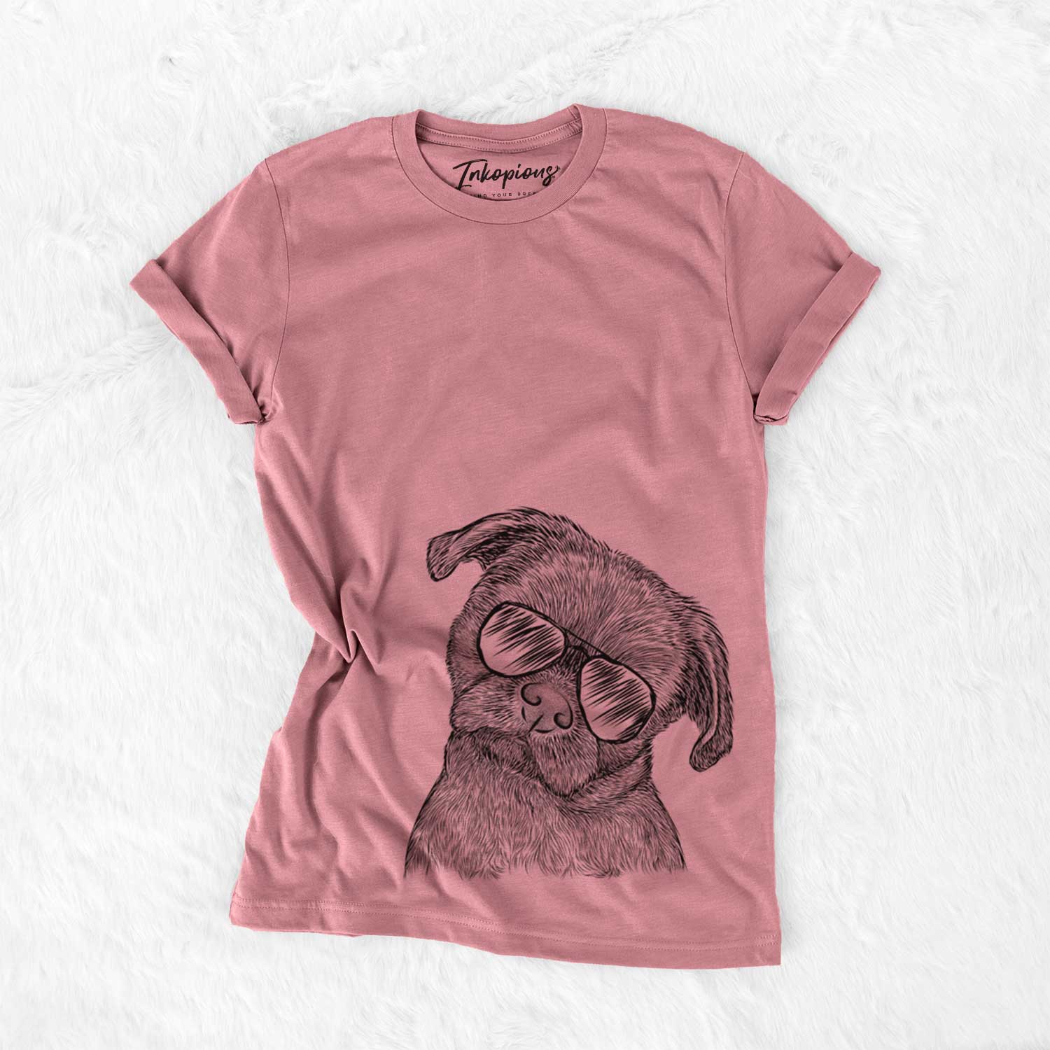 Hand-drawn sketch of Koko the Shih Tzu wearing aviator sunglasses on a Mauve Bella Canvas Unisex Crewneck