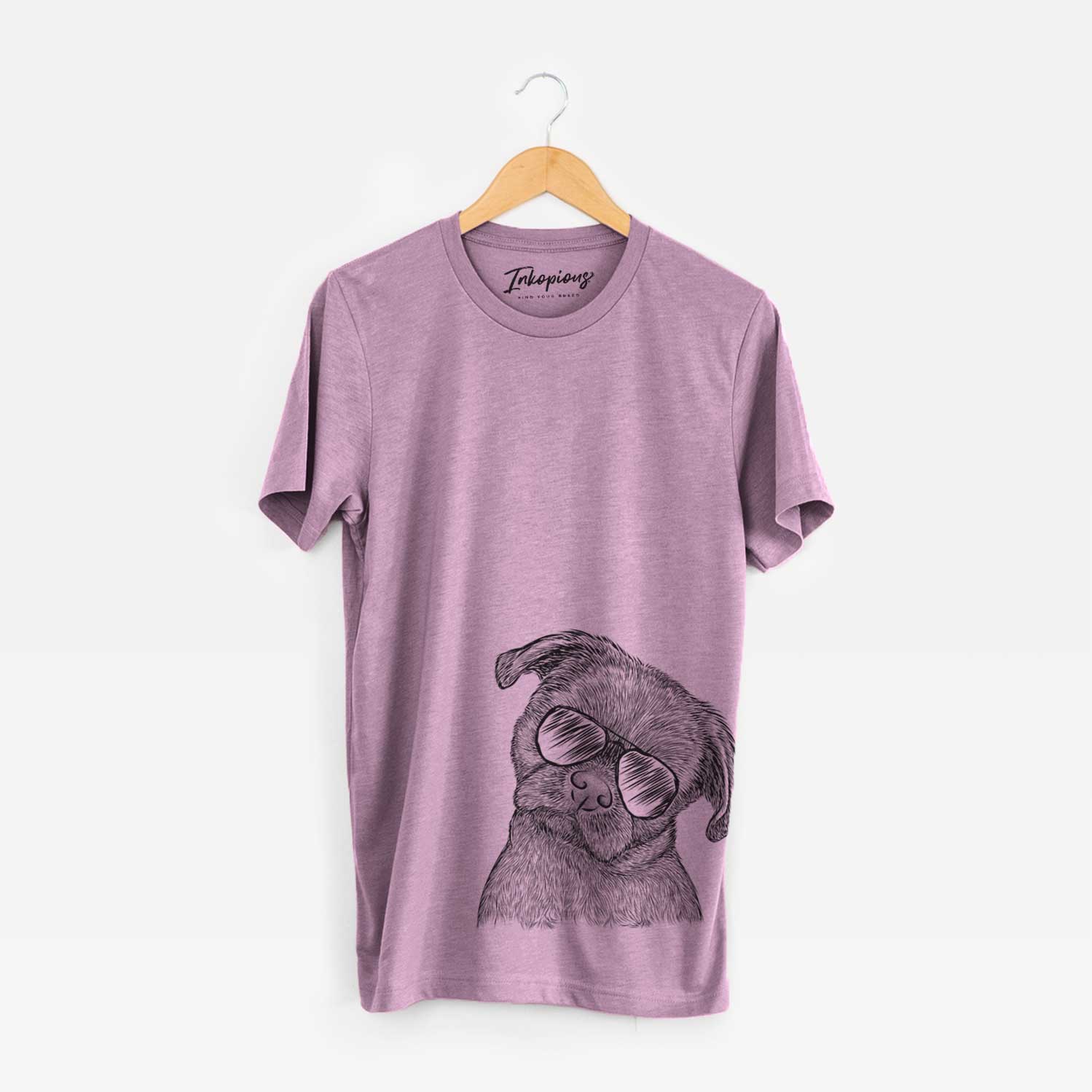 Hand-drawn sketch of Koko the Shih Tzu wearing aviator sunglasses on an Orchid Bella Canvas Unisex Crewneck