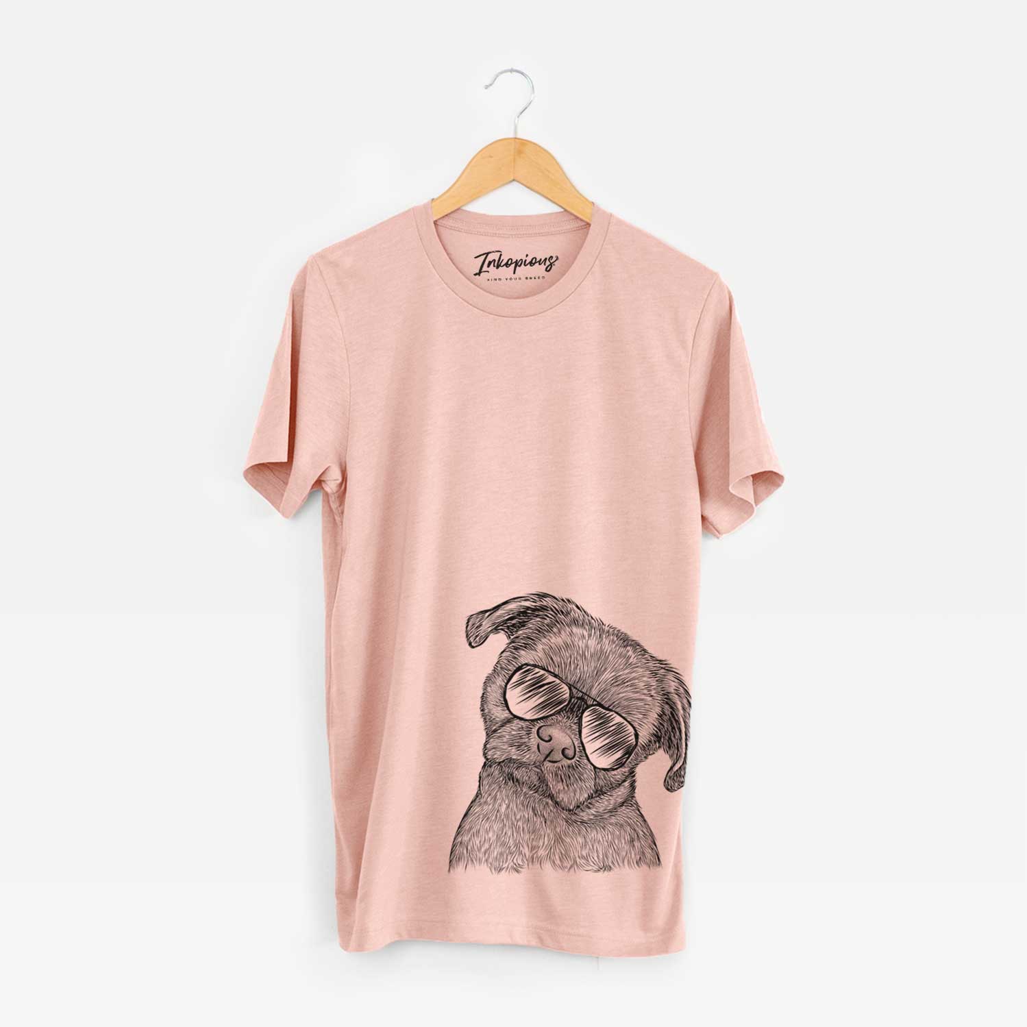 Hand-drawn sketch of Koko the Shih Tzu wearing aviator sunglasses on a Peach Bella Canvas Unisex Crewneck