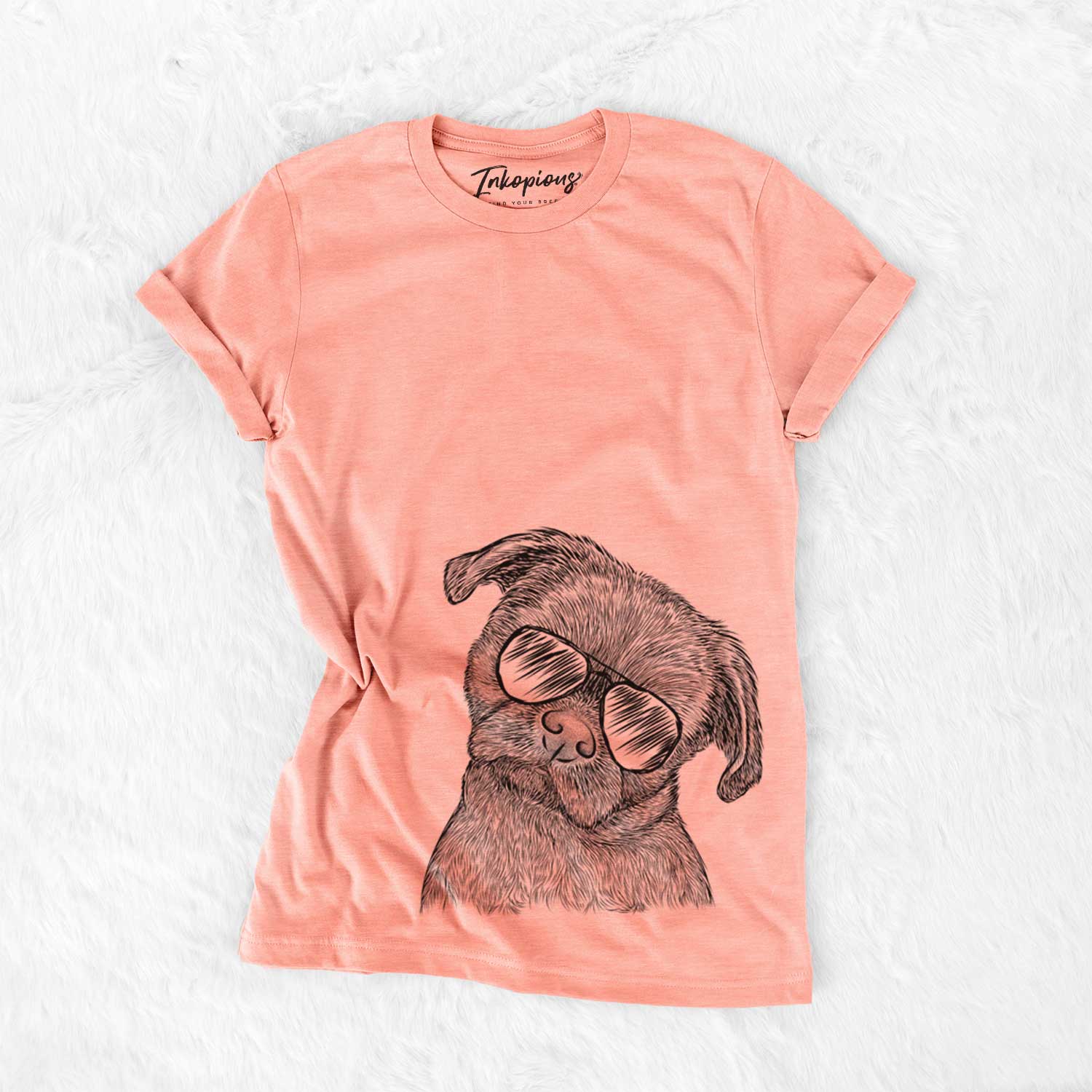 Hand-drawn sketch of Koko the Shih Tzu wearing aviator sunglasses on a Sunset Bella Canvas Unisex Crewneck