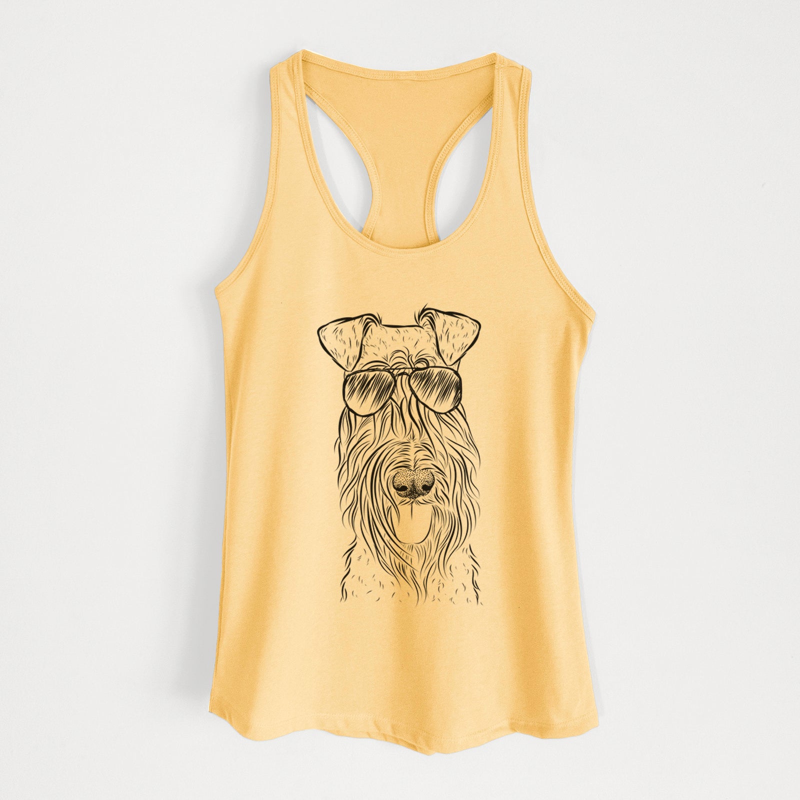 Hand-drawn sketch of Kricket the Kerry Blue Terrier wearing aviator sunglasses on a Banana Cream Women's racerback tanktop
