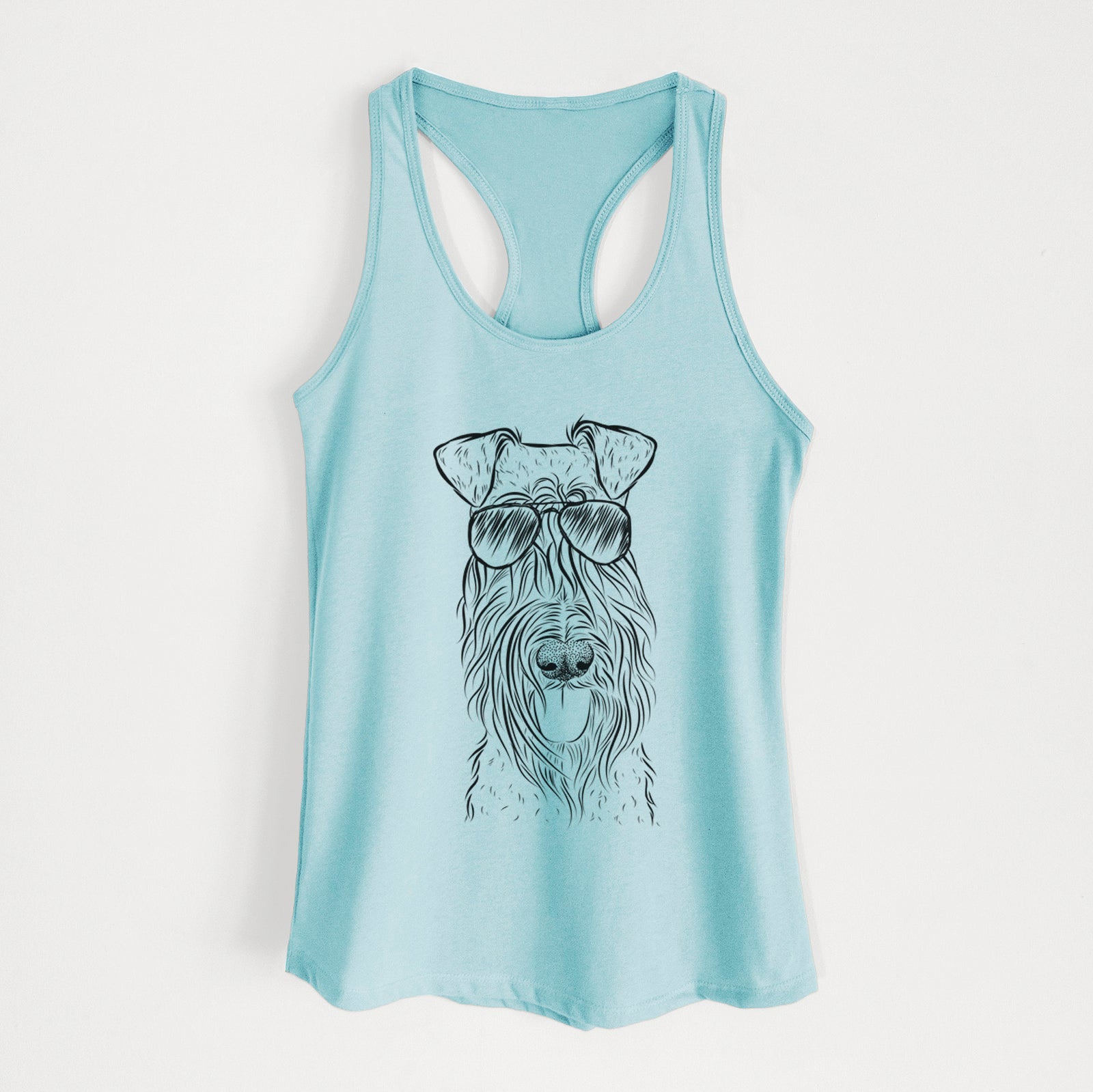Hand-drawn sketch of Kricket the Kerry Blue Terrier wearing aviator sunglasses on a Cancun Blue Women's racerback tanktop