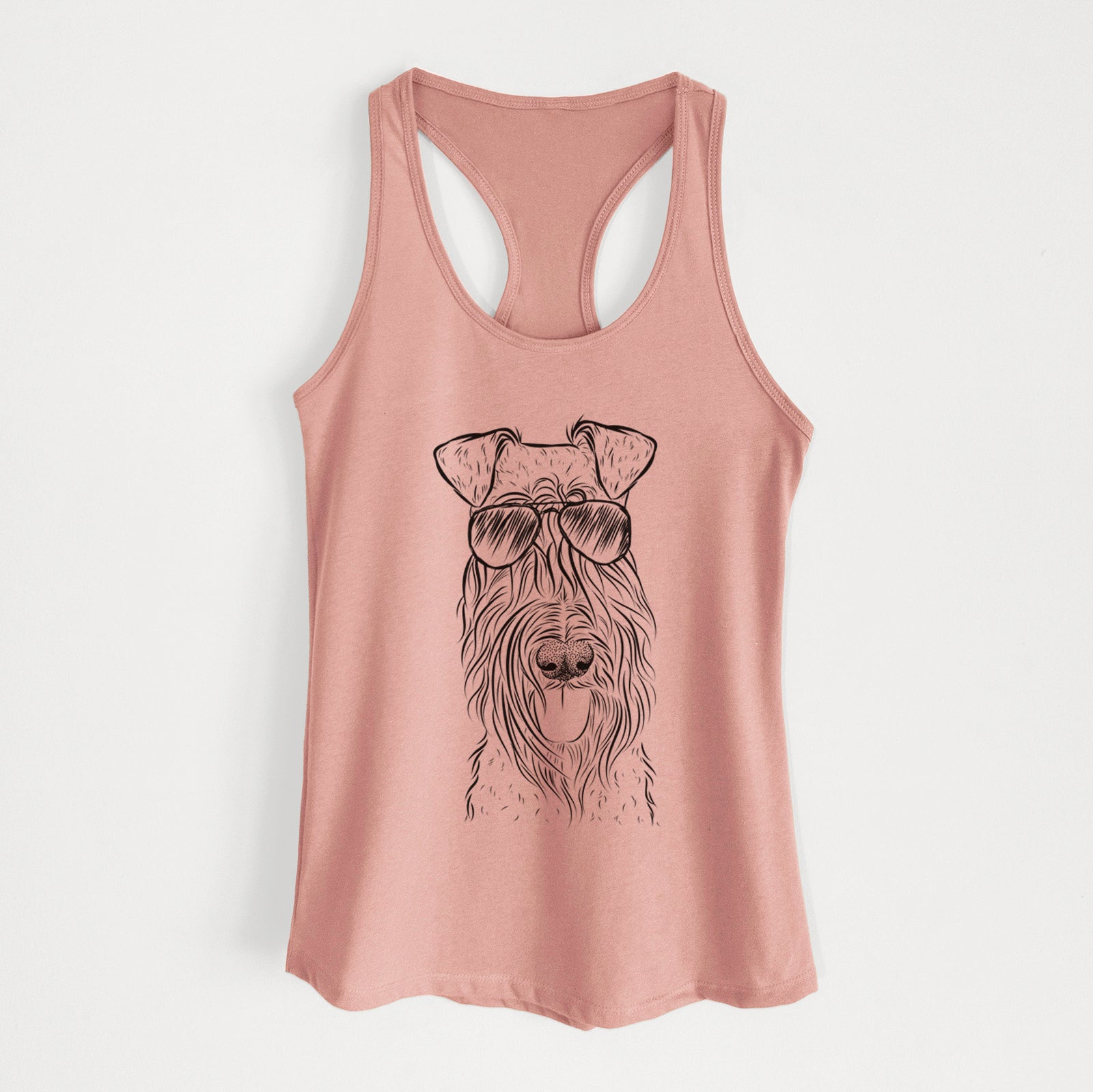 Hand-drawn sketch of Kricket the Kerry Blue Terrier wearing aviator sunglasses on a Desert Pink Women's racerback tanktop