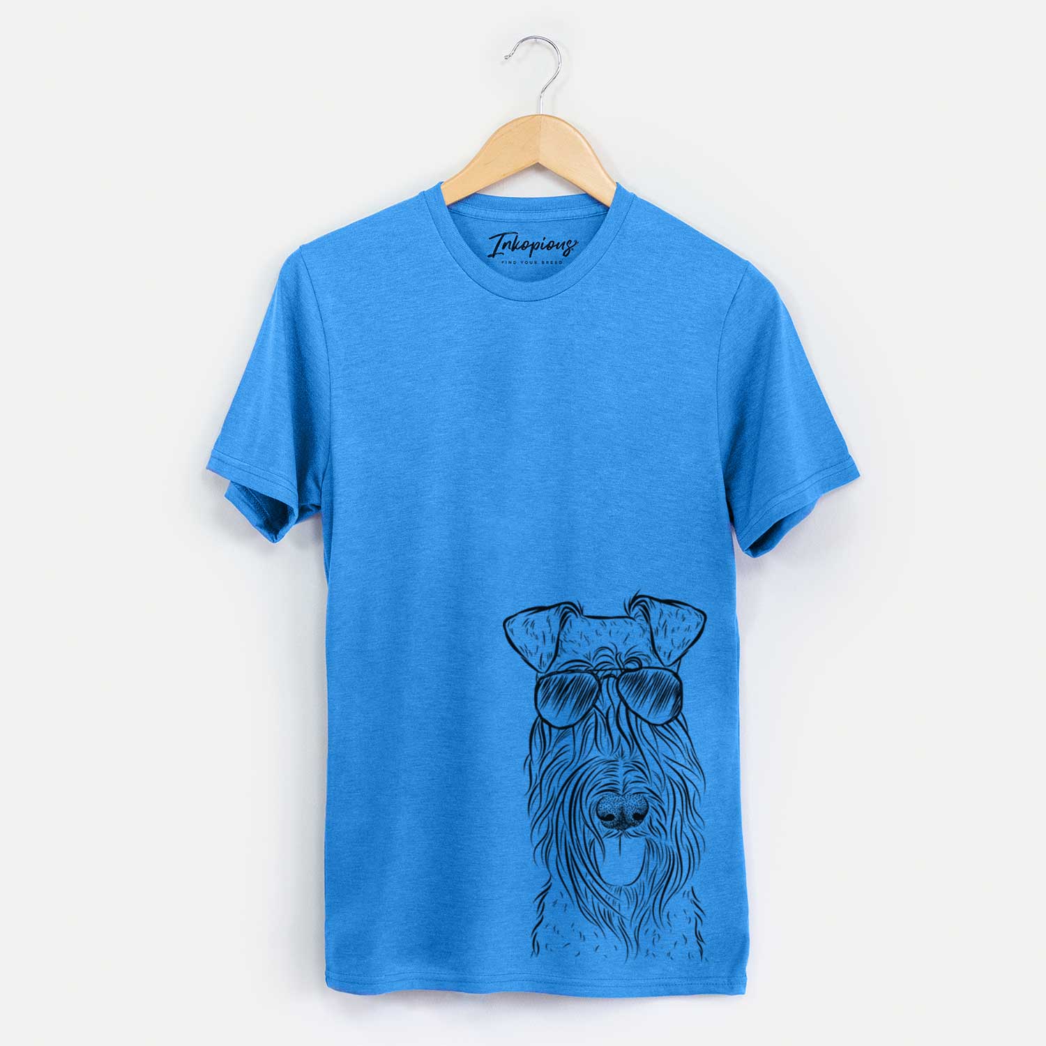 Hand-drawn sketch of Kricket the Kerry Blue Terrier wearing aviator sunglasses on an Unisex crewneck