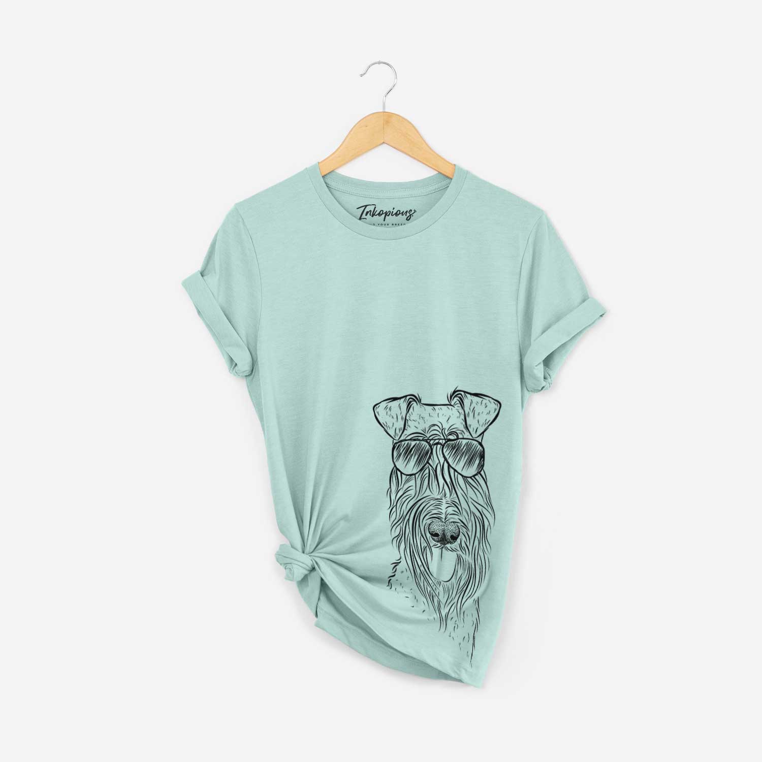 Hand-drawn sketch of Kricket the Kerry Blue Terrier wearing aviator sunglasses on a Heather Sage Bella Canvas Unisex Crewneck