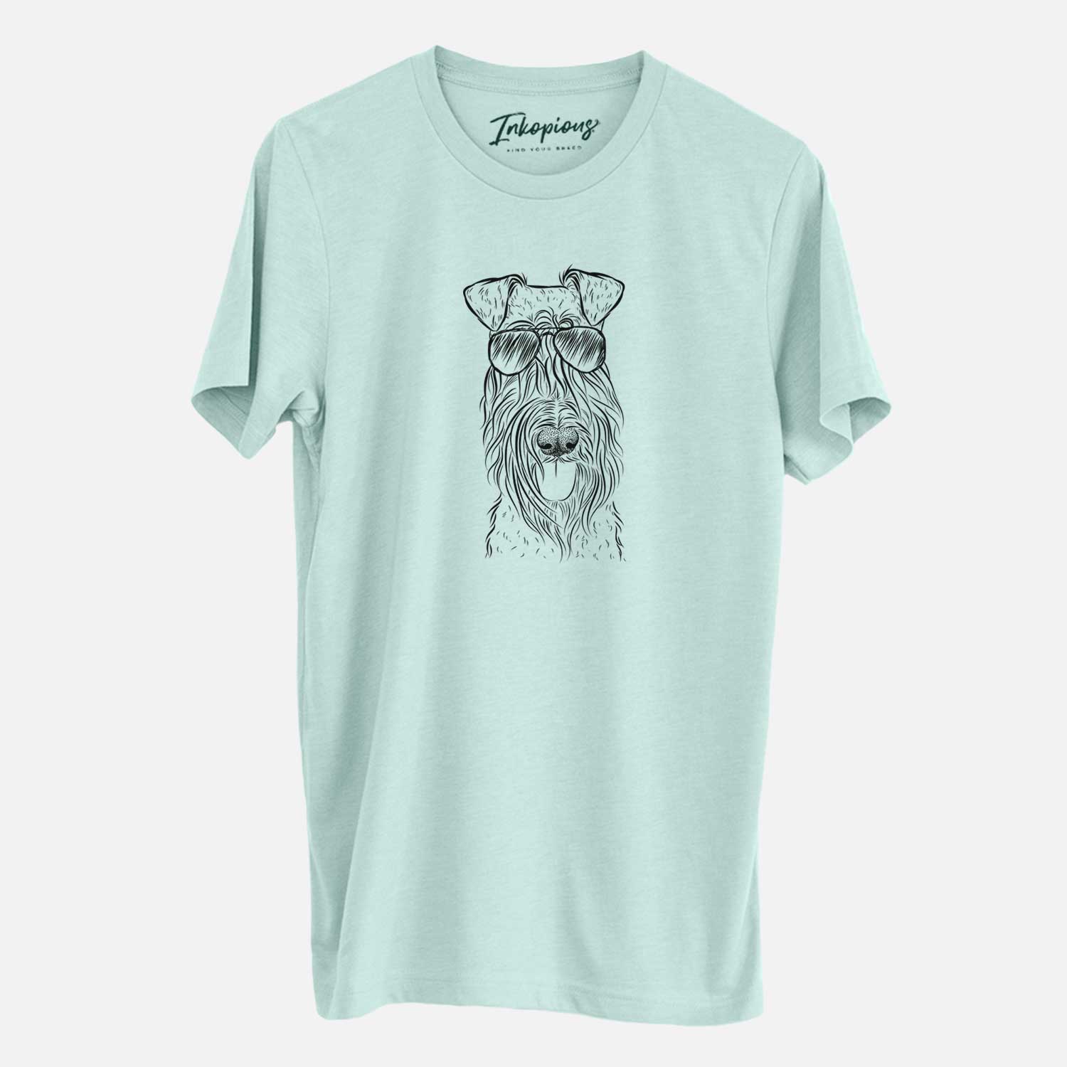 Hand-drawn sketch of Kricket the Kerry Blue Terrier wearing aviator sunglasses on a Heather Sage Unisex crewneck