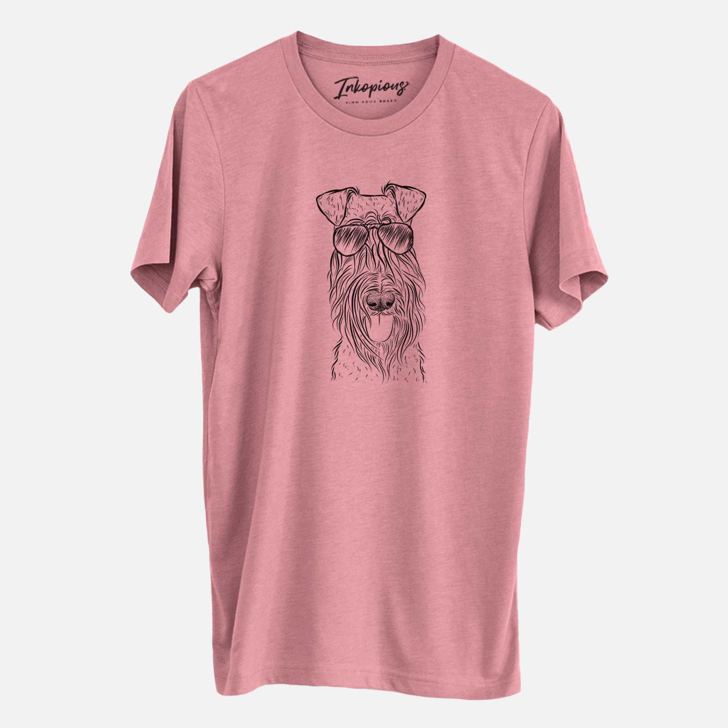 Hand-drawn sketch of Kricket the Kerry Blue Terrier wearing aviator sunglasses on a Mauve Unisex crewneck