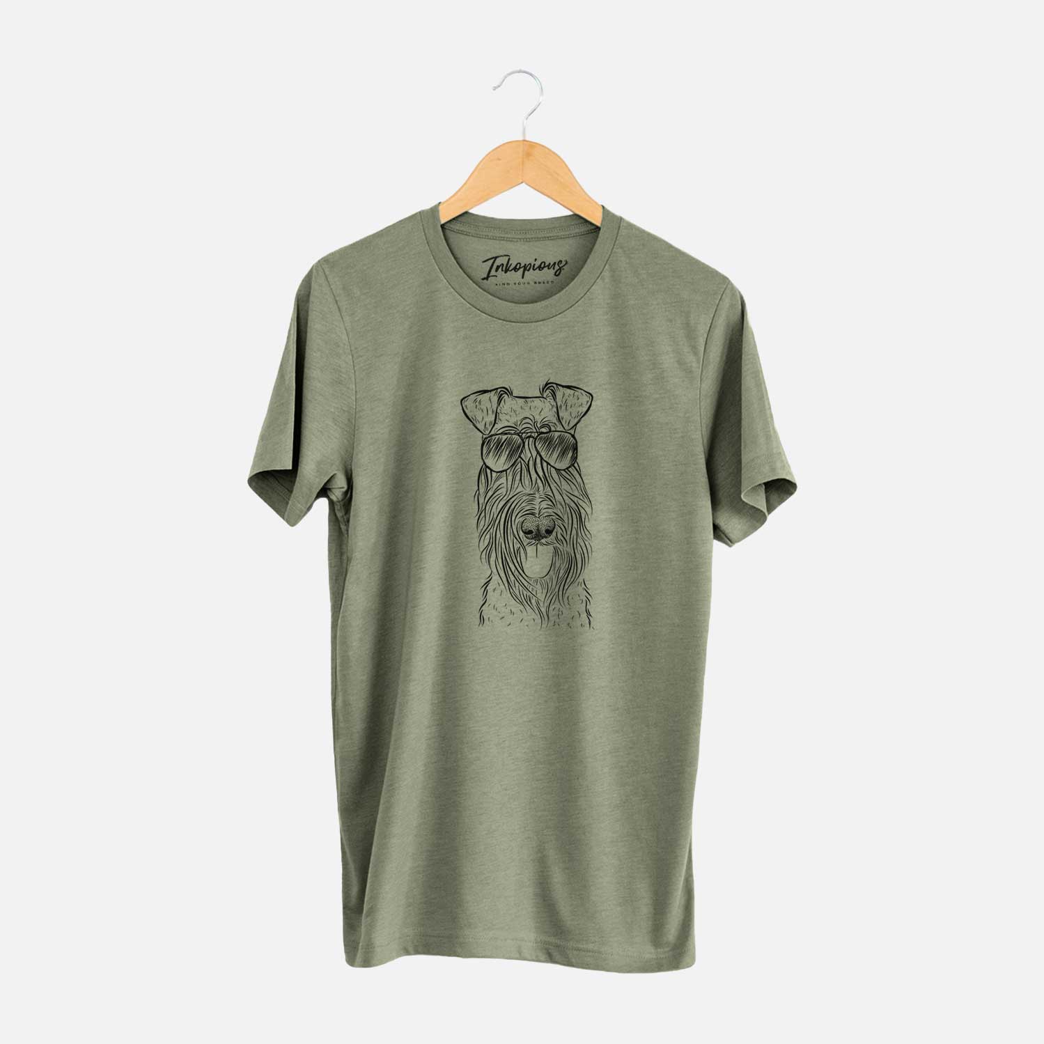 Hand-drawn sketch of Kricket the Kerry Blue Terrier wearing aviator sunglasses on an Olive Unisex crewneck