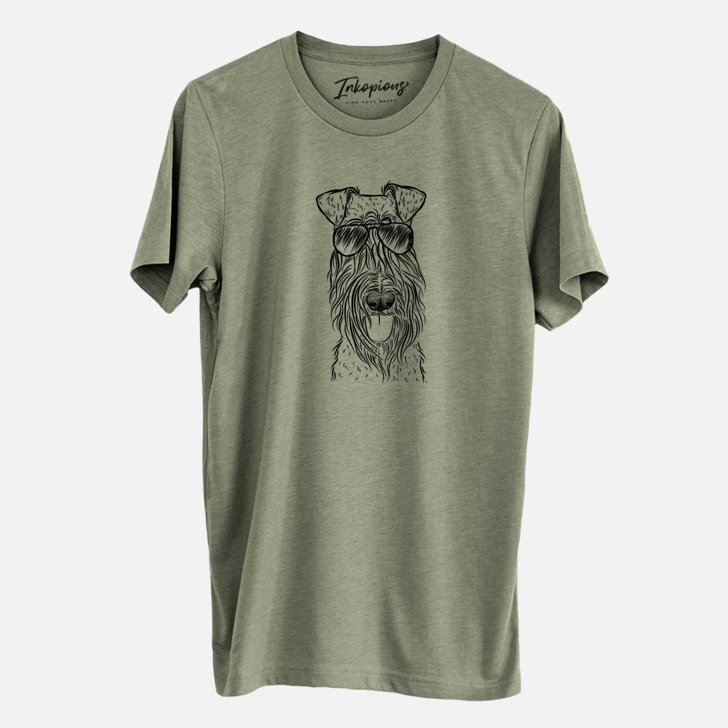 Hand-drawn sketch of Kricket the Kerry Blue Terrier wearing aviator sunglasses on an Olive Unisex crewneck