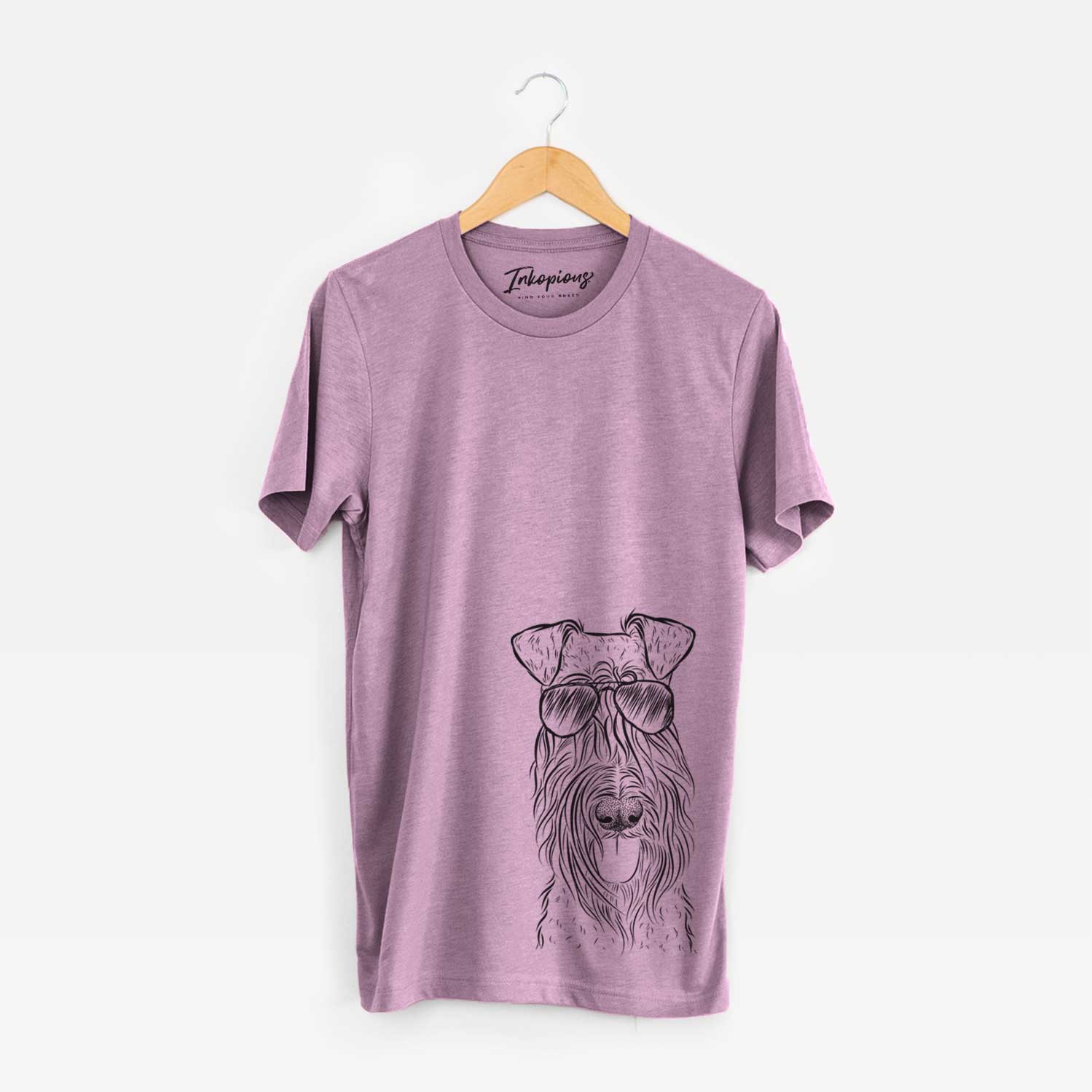 Hand-drawn sketch of Kricket the Kerry Blue Terrier wearing aviator sunglasses on an Orchid Unisex crewneck