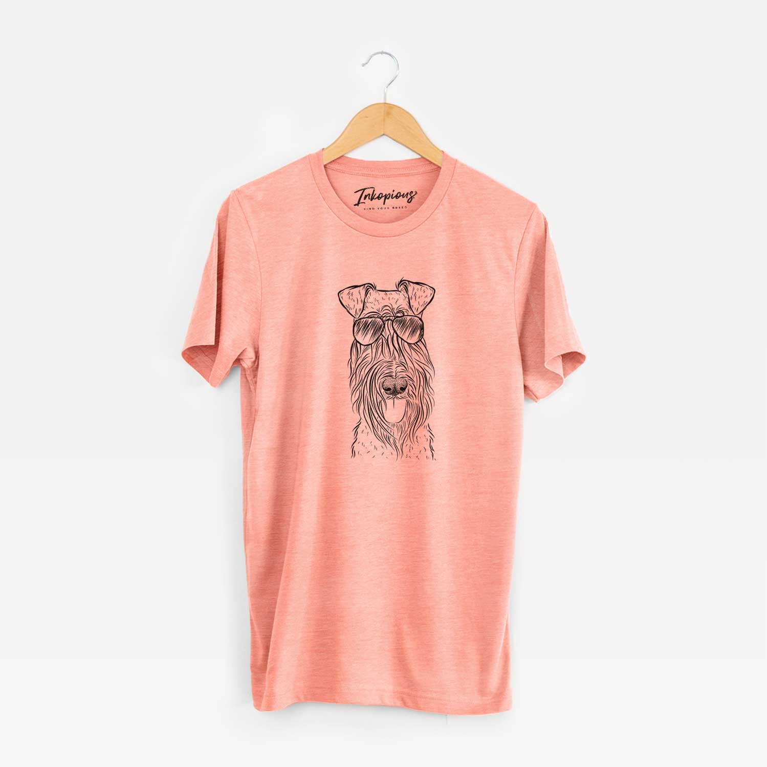 Hand-drawn sketch of Kricket the Kerry Blue Terrier wearing aviator sunglasses on a Sunset Unisex crewneck