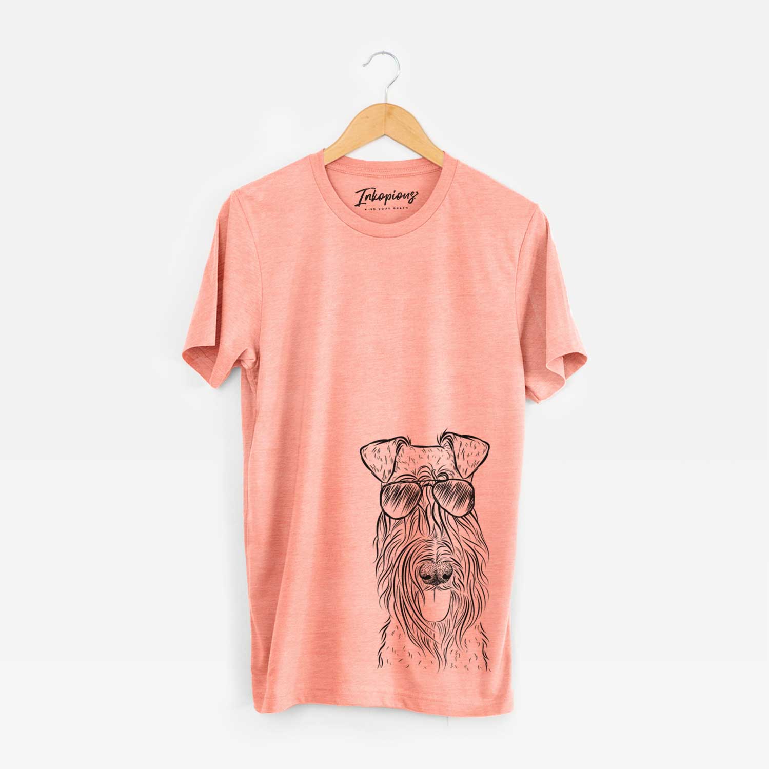 Hand-drawn sketch of Kricket the Kerry Blue Terrier wearing aviator sunglasses on a Sunset Unisex crewneck
