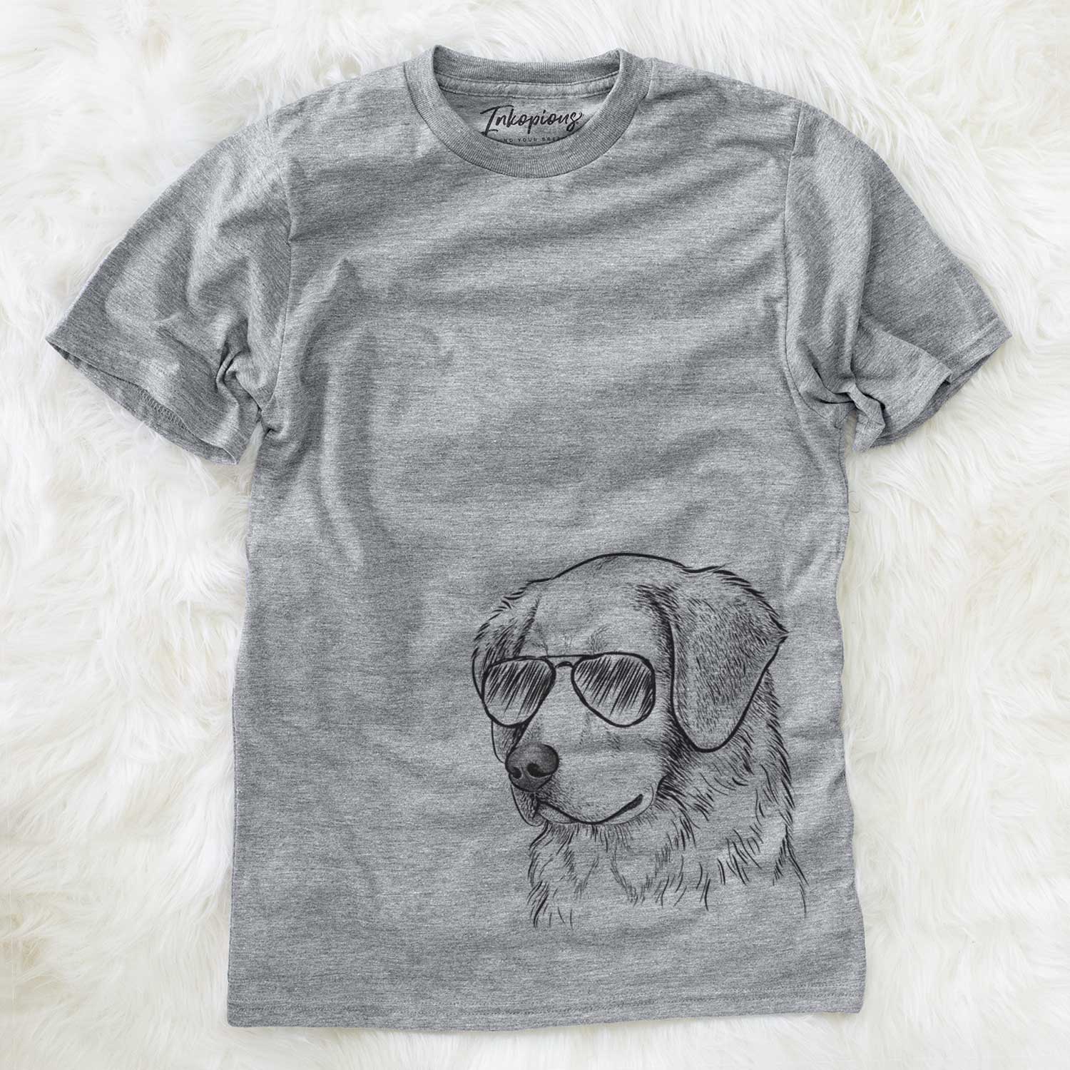 Hand-drawn sketch of Kula the Golden Retriever wearing aviator sunglasses on a Grey Unisex crewneck