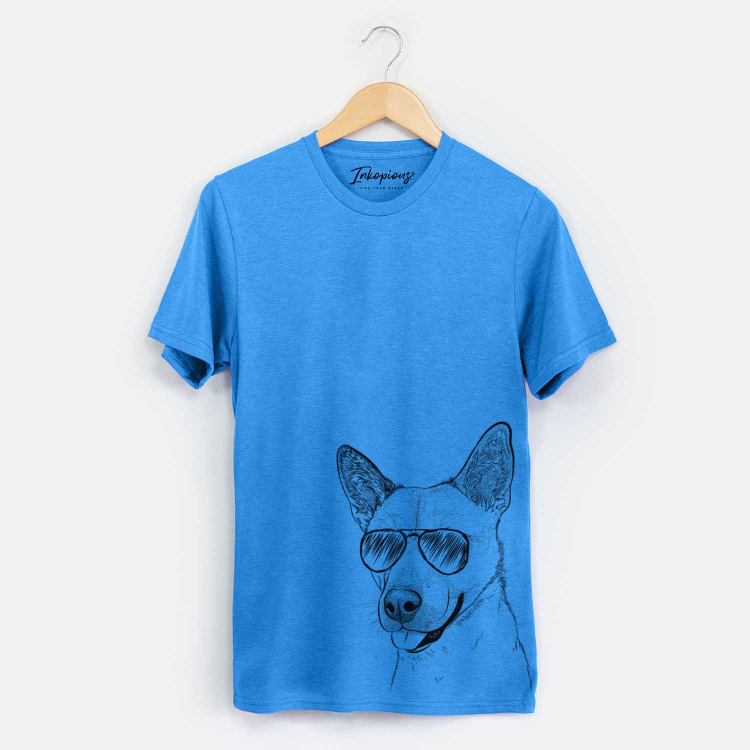 Hand-drawn sketch of Kulfi the Jindo Shiba Inu Mix wearing aviator sunglasses on a Blue Unisex crewneck
