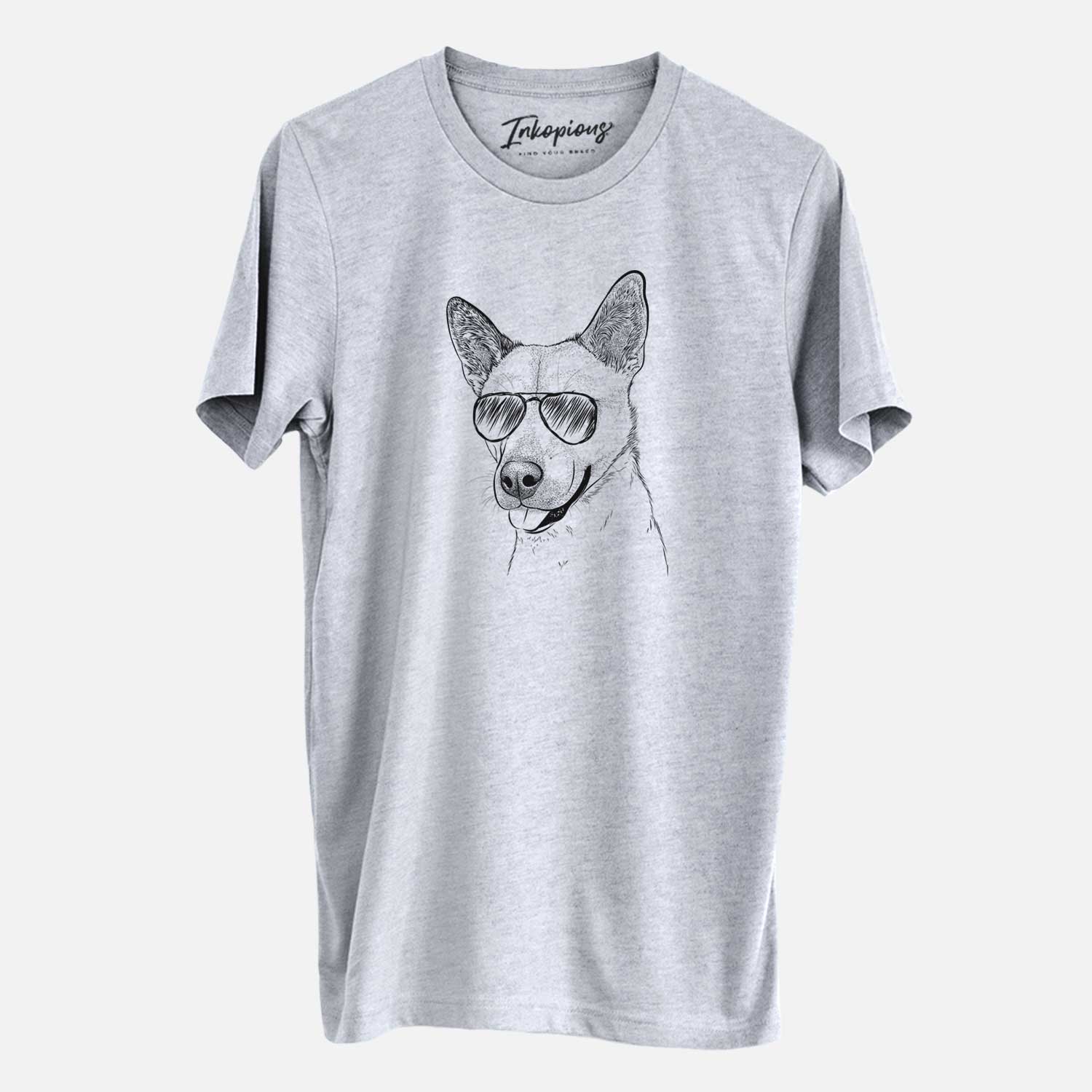Hand-drawn sketch of Kulfi the Jindo Shiba Inu Mix wearing aviator sunglasses on a Grey Unisex crewneck