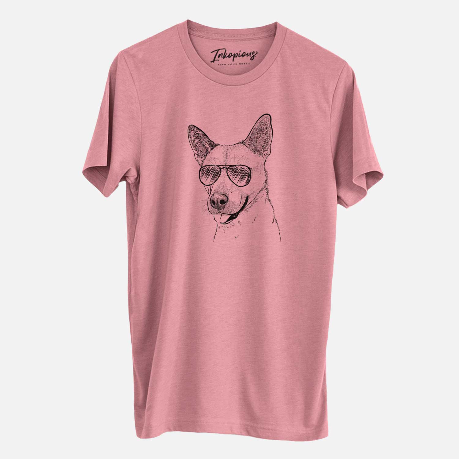 Hand-drawn sketch of Kulfi the Jindo Shiba Inu Mix wearing aviator sunglasses on a Mauve Unisex crewneck