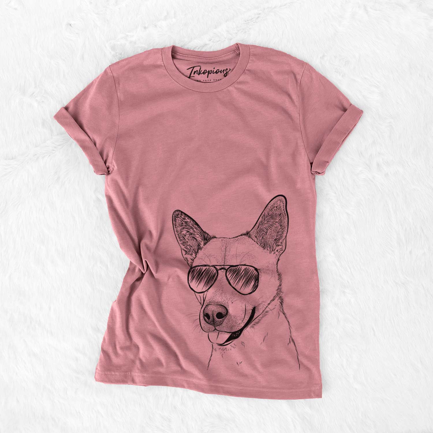 Hand-drawn sketch of Kulfi the Jindo Shiba Inu Mix wearing aviator sunglasses on a Mauve Unisex crewneck