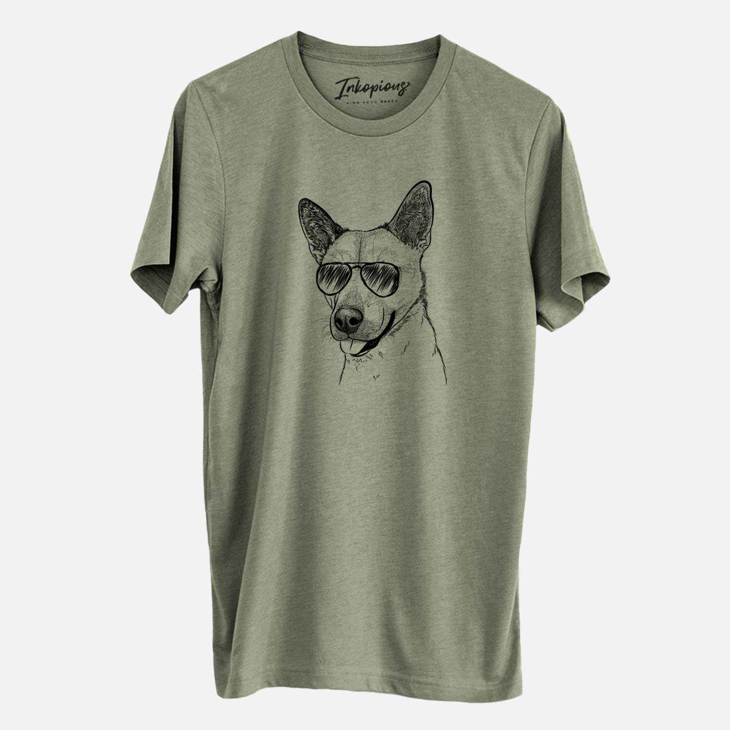 Hand-drawn sketch of Kulfi the Jindo Shiba Inu Mix wearing aviator sunglasses on an Olive Unisex crewneck